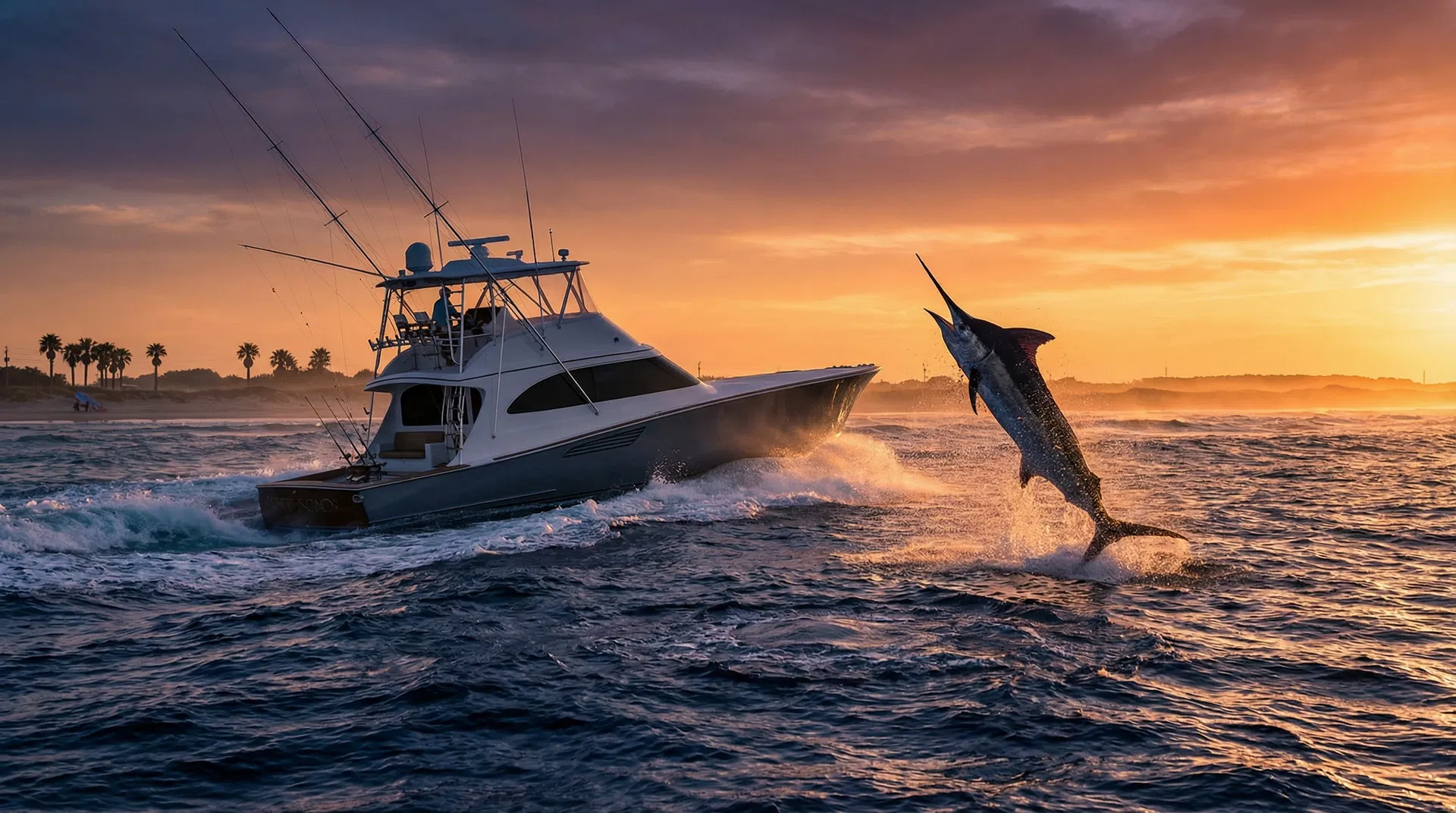 Sport fishing boat with marlin at sunset on the Texas Gulf Coast