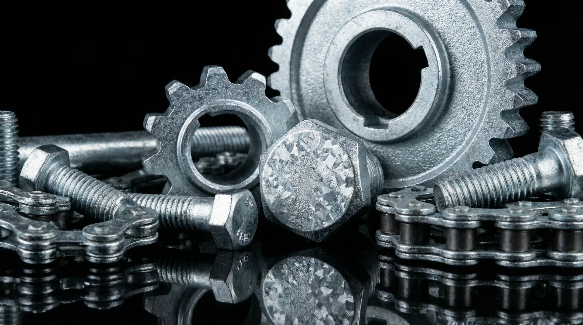 Galvanisierte Metallteile mit brillanter Zinkbeschichtung auf dunkler Oberfläche