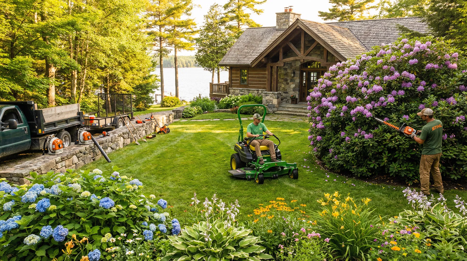 Landscaper mowing a lush green lawn at a luxury cottage in Parry Sound
