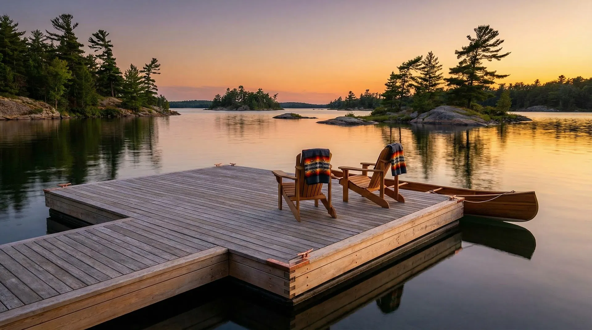 Pristine wooden floating dock on a calm Georgian Bay lake at sunset