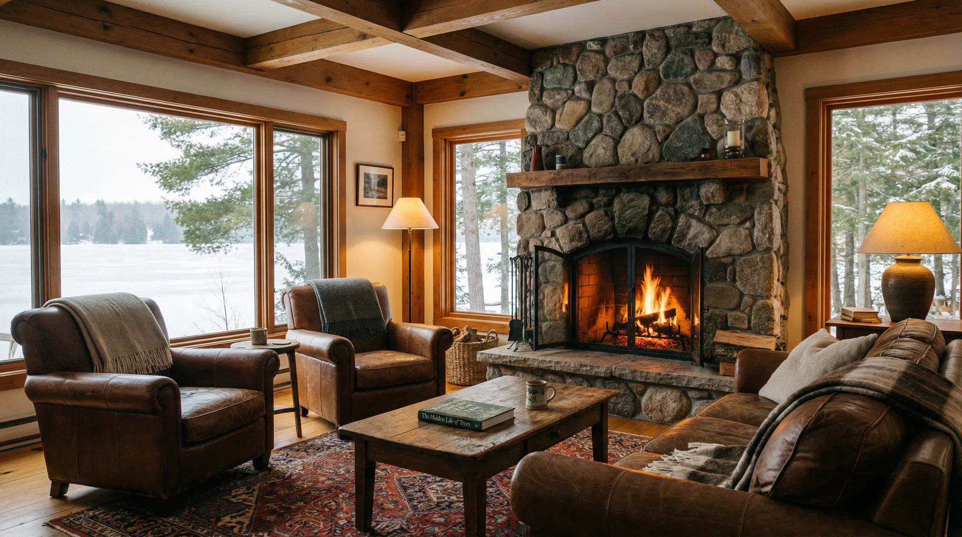 Cozy cottage interior with fireplace and lake view