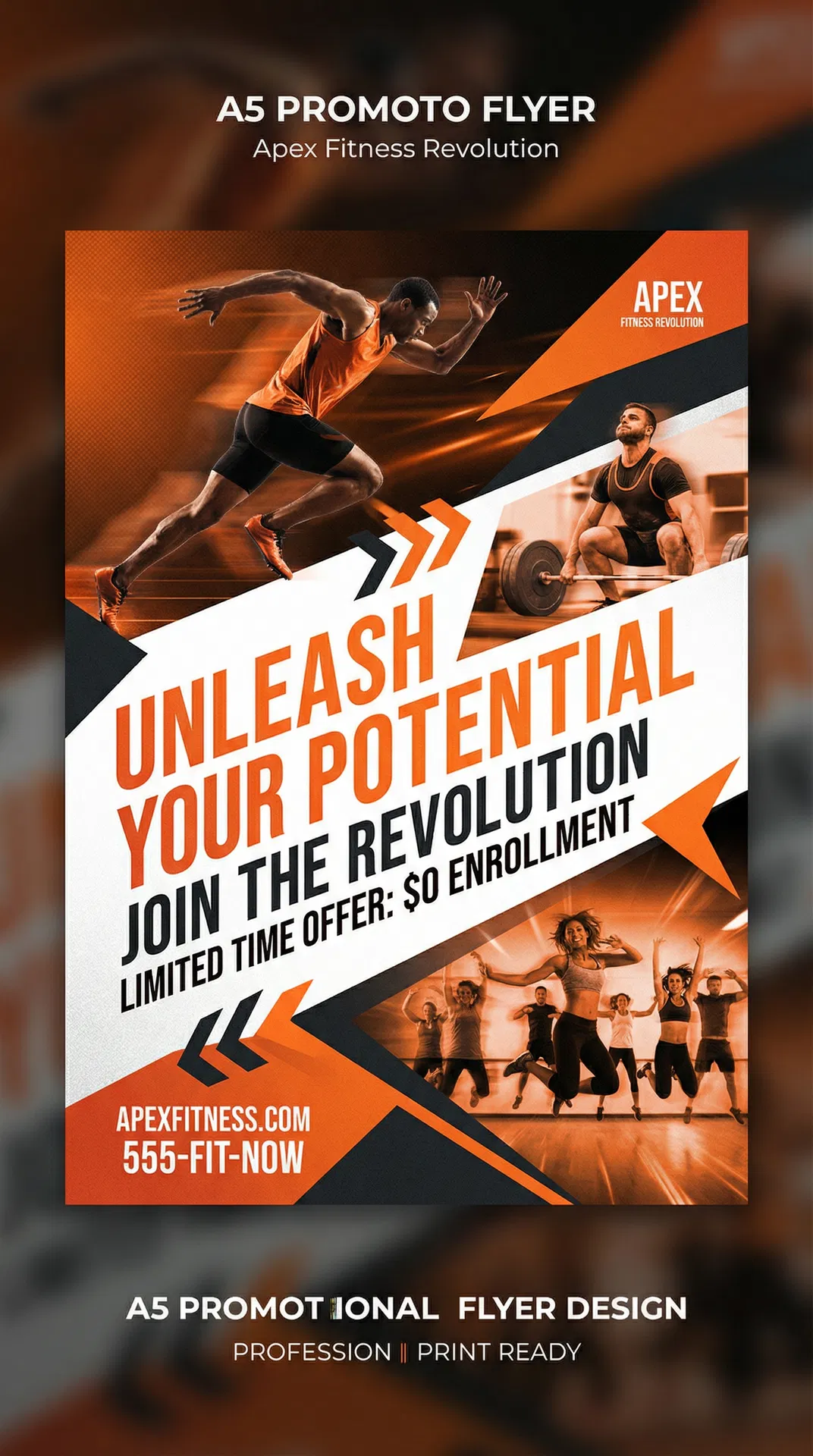 PowerFit Gym Flyer: Bold fitness flyer with high-energy dark charcoal and electric blue theme