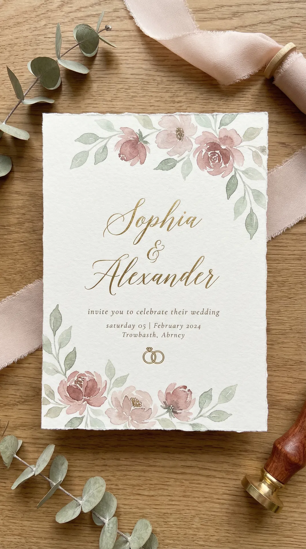 Elegant Wedding Invitation: Romantic wedding invitation with floral watercolor and gold foil accents