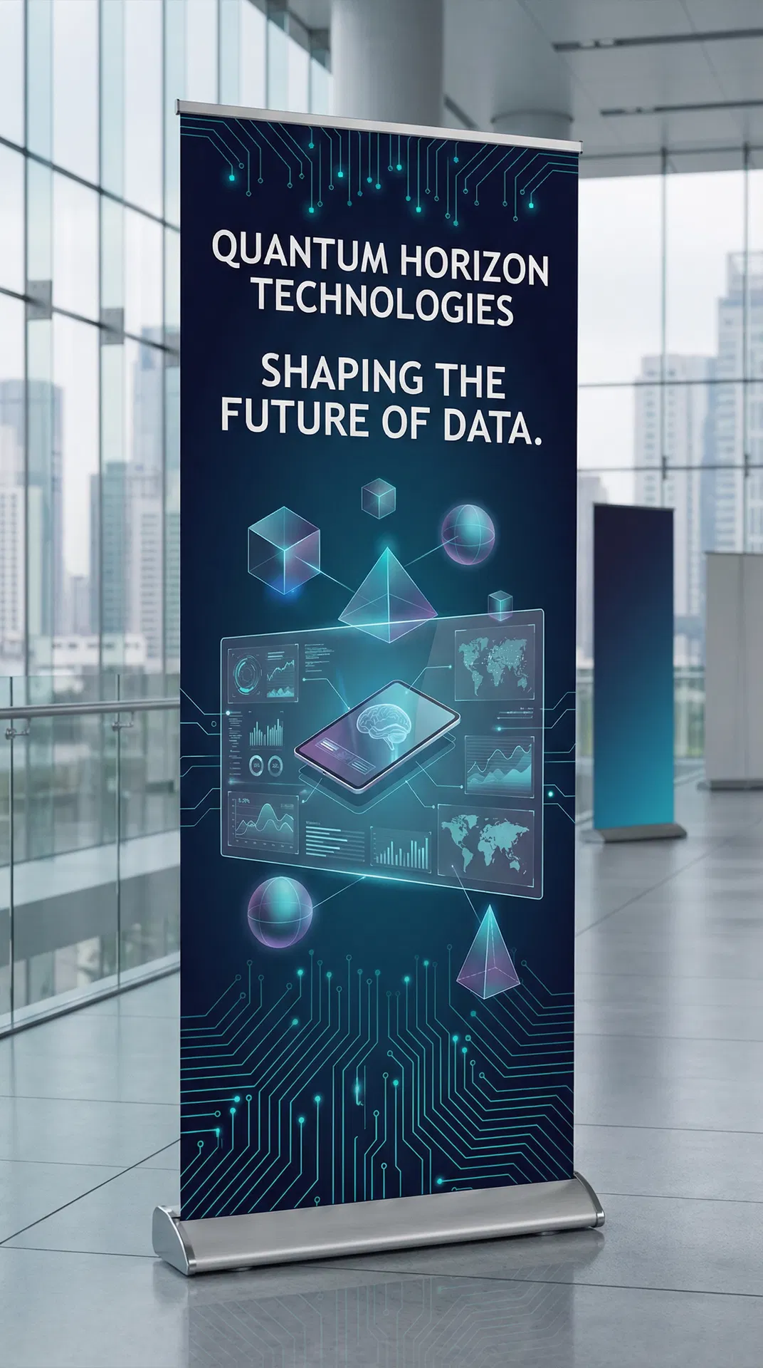 Tech Conference Banner: Sleek tech conference roll-up banner with circuit board motifs