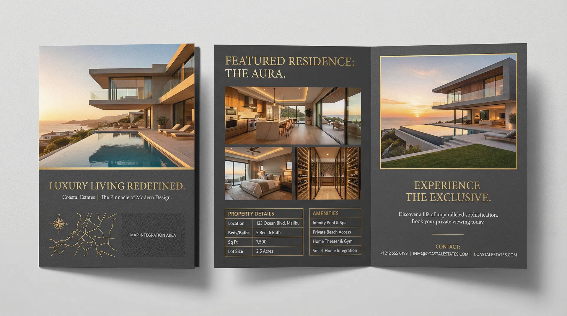 Luxury Real Estate Brochure: Premium real estate brochure with architectural photography and gold accents