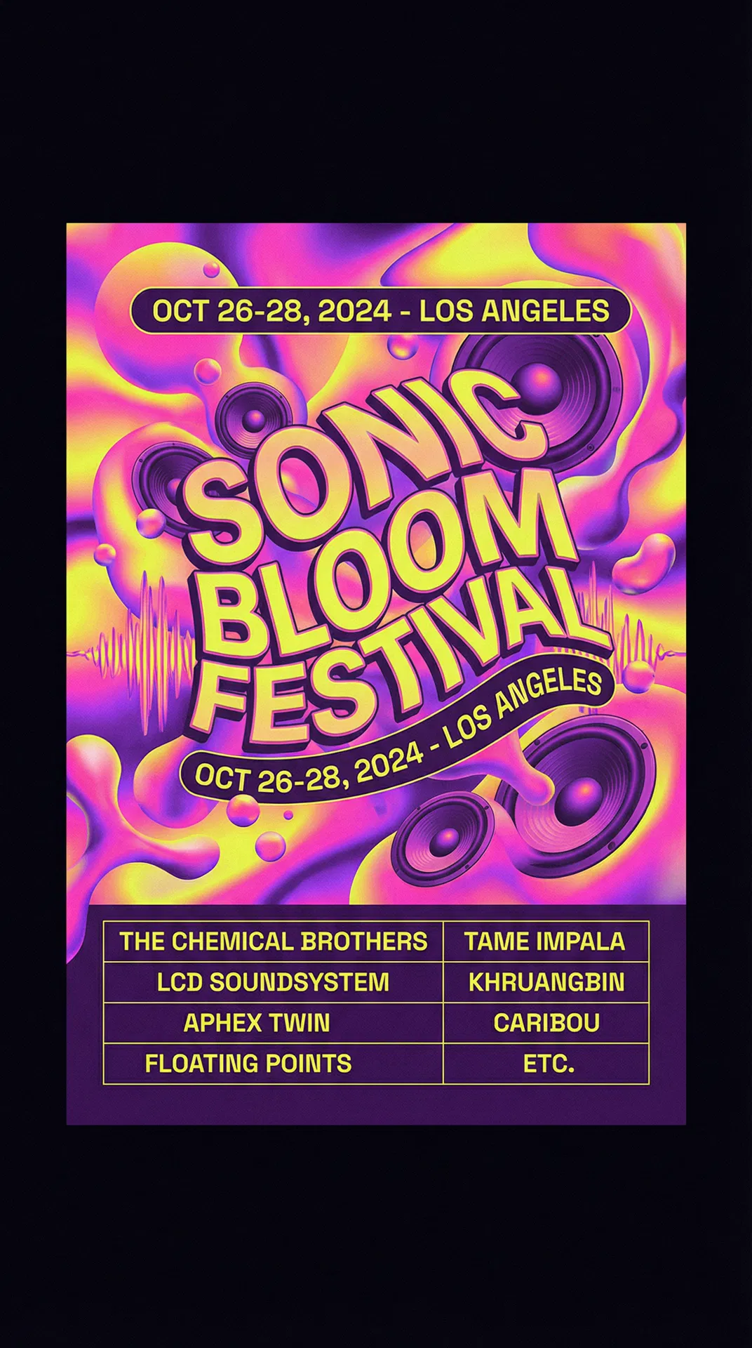 Sonic Bloom Festival Poster: Psychedelic music festival poster with vibrant liquid gradients