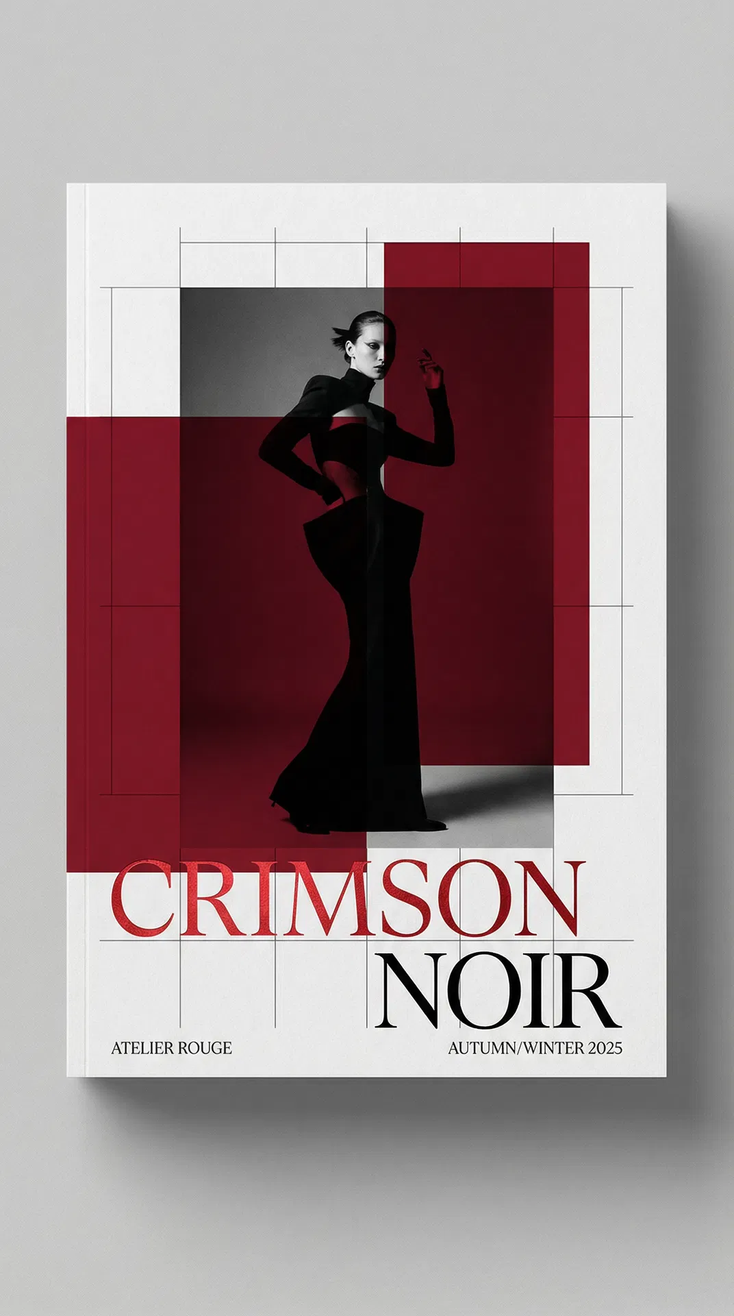 Crimson Noir Lookbook: High-fashion lookbook cover with dramatic black, white, and crimson editorial style