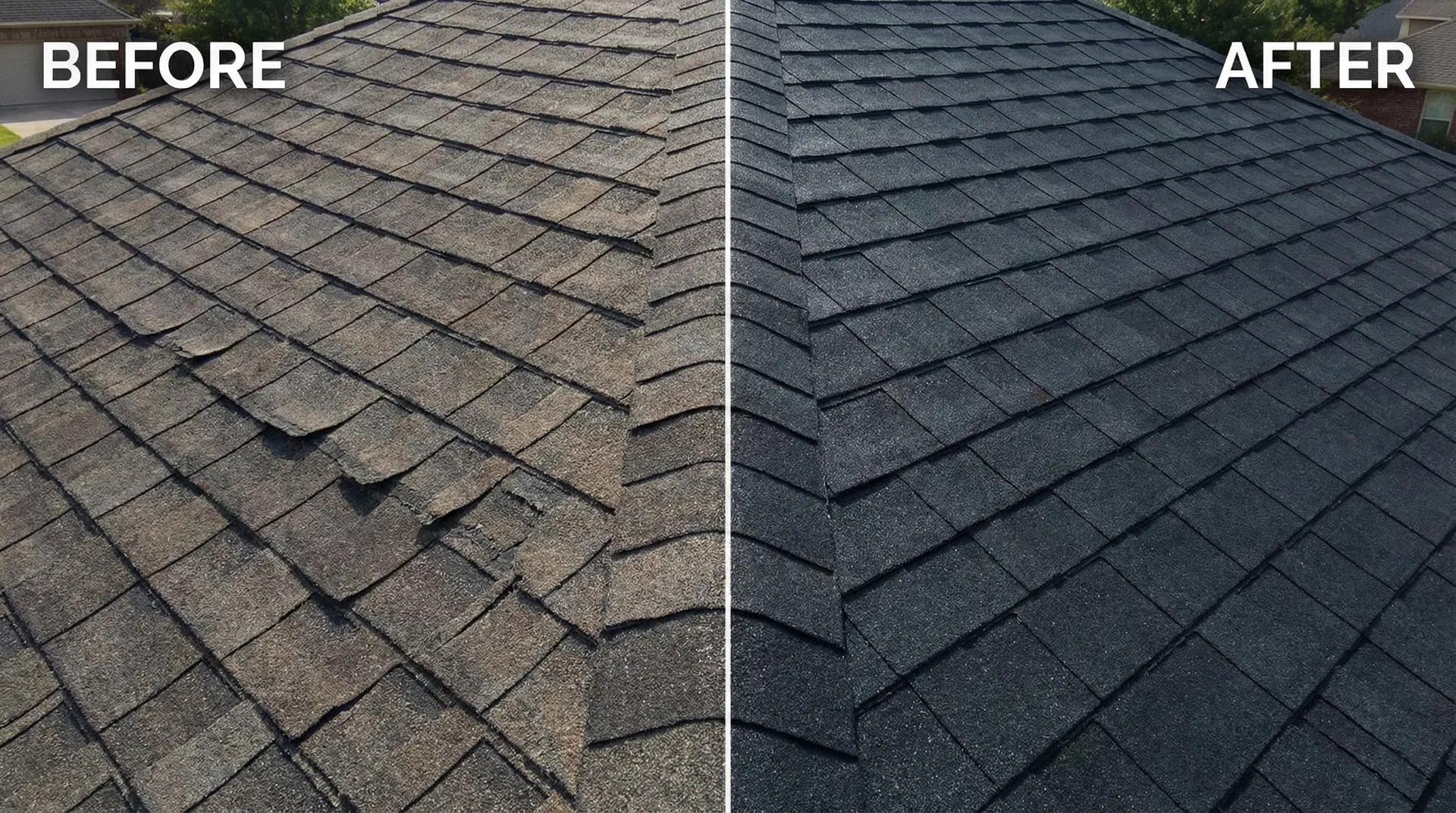 Before and after roof rejuvenation comparison - dry weathered shingles vs restored vibrant shingles