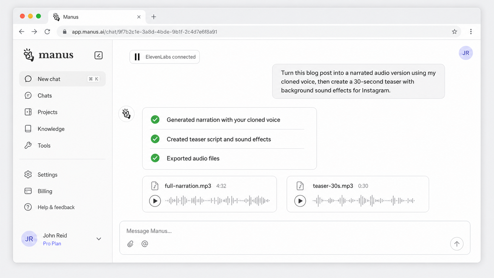 Prompting Manus to process audio with the ElevenLabs connector on