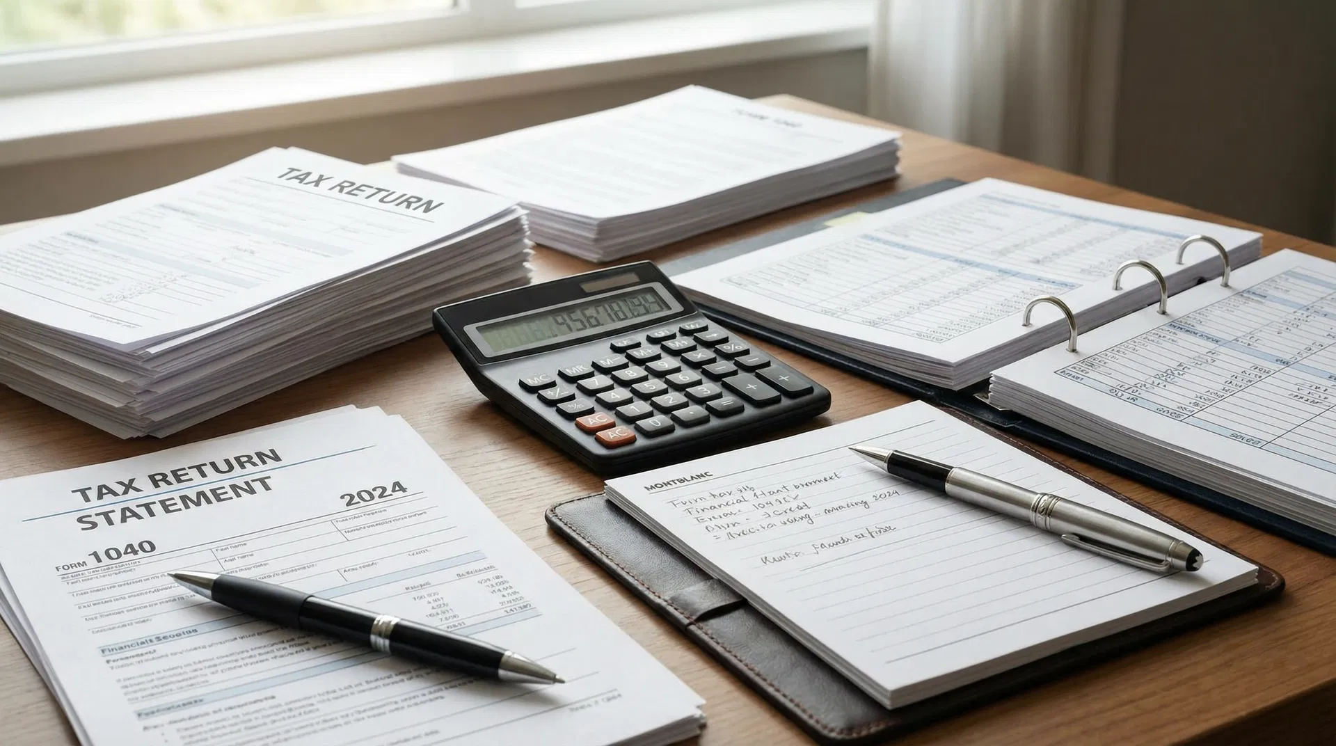 Tax documents and financial planning materials on desk