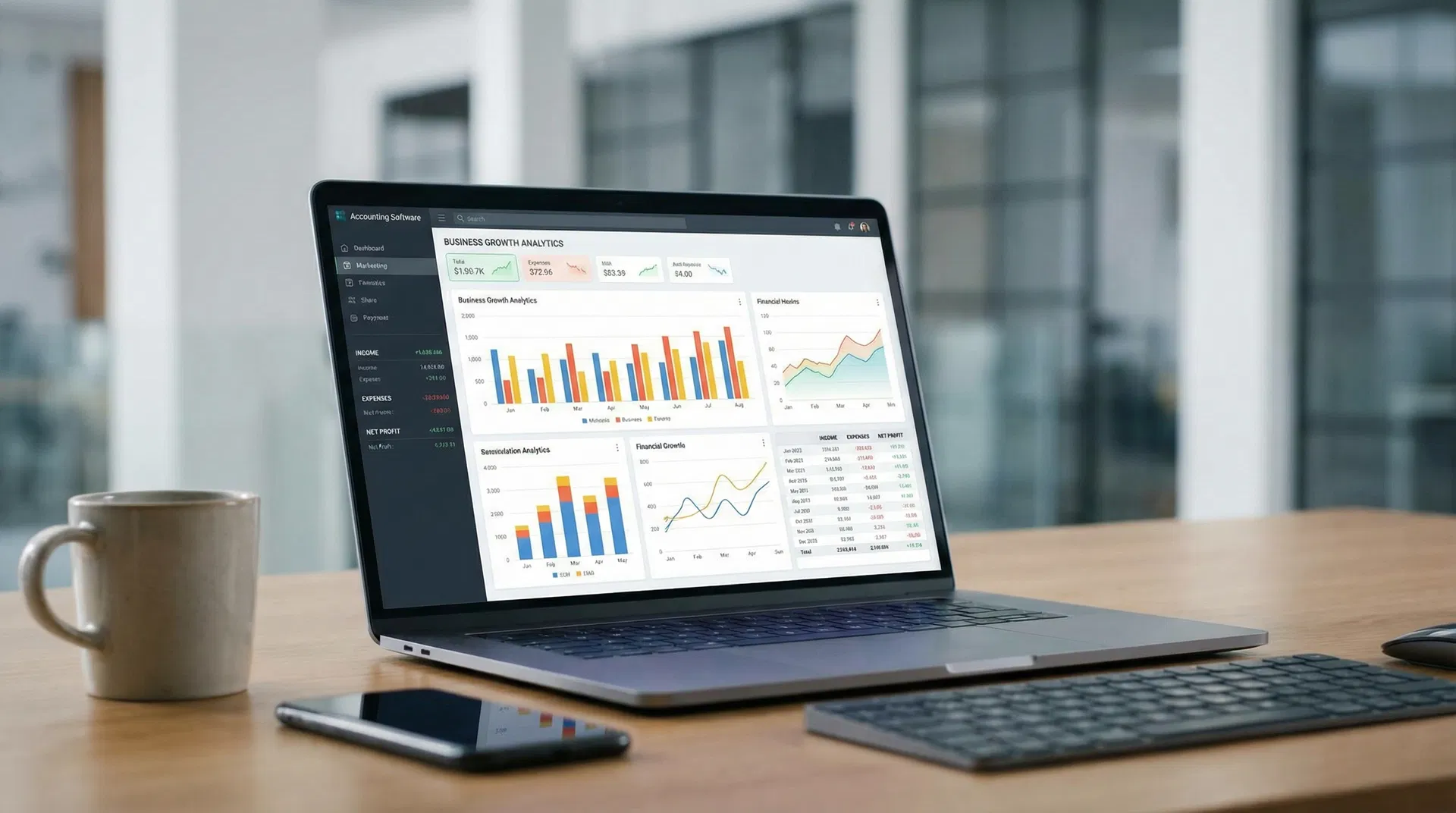 Laptop displaying financial dashboard and business analytics