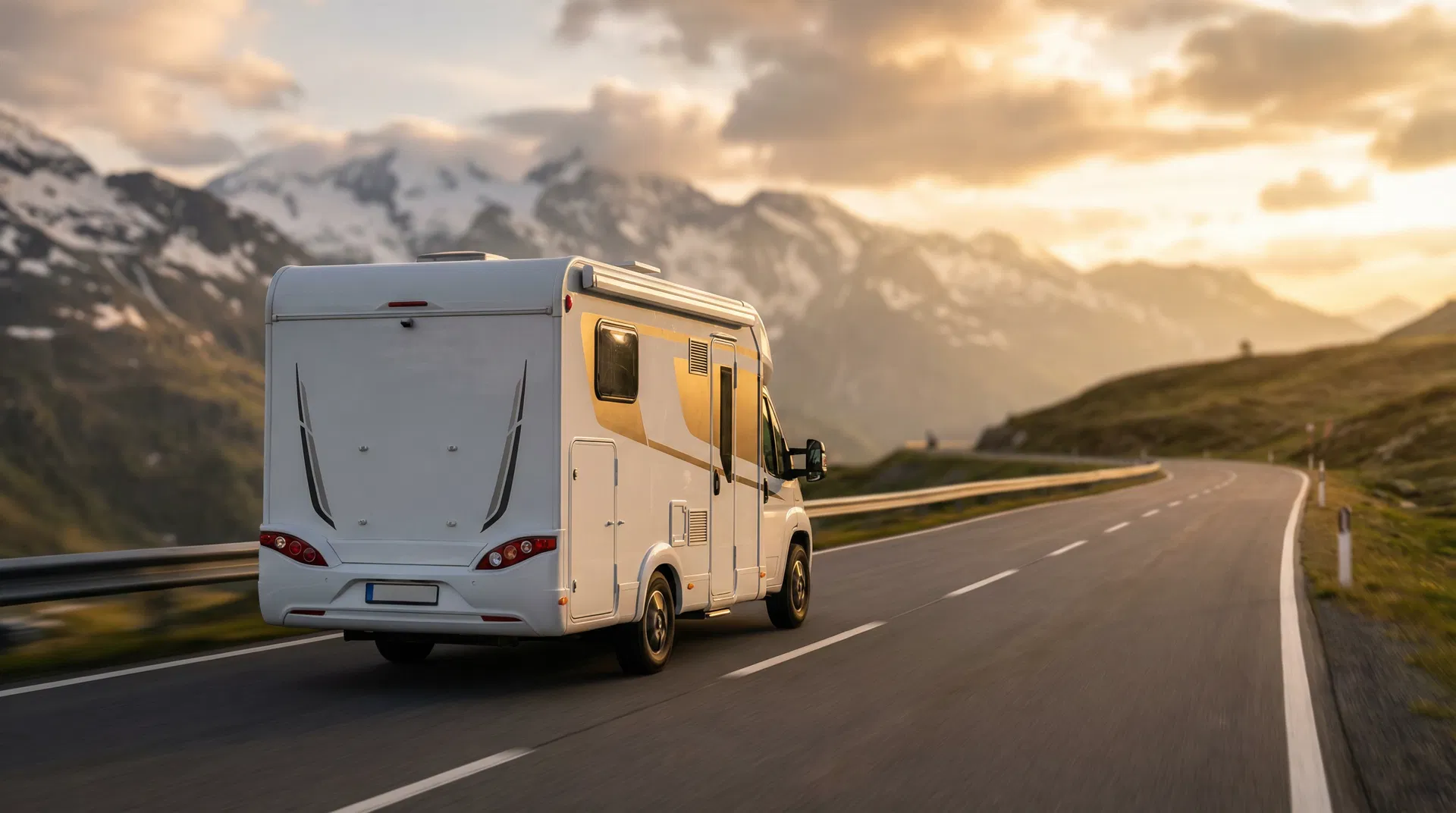 Witte camper rijdt over een bergweg bij zonsondergang met gouden licht