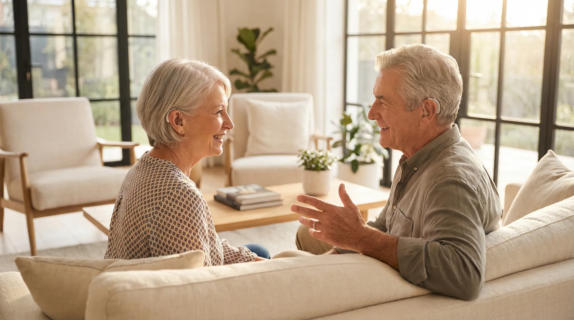 Glückliches Paar testet Phonak Hörgeräte in Nürnberg