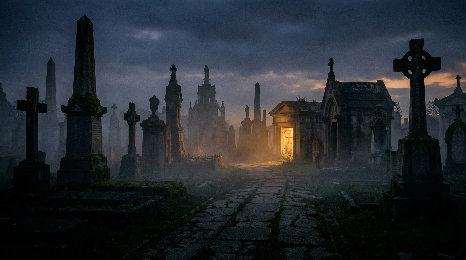 Ancient cemetery at twilight