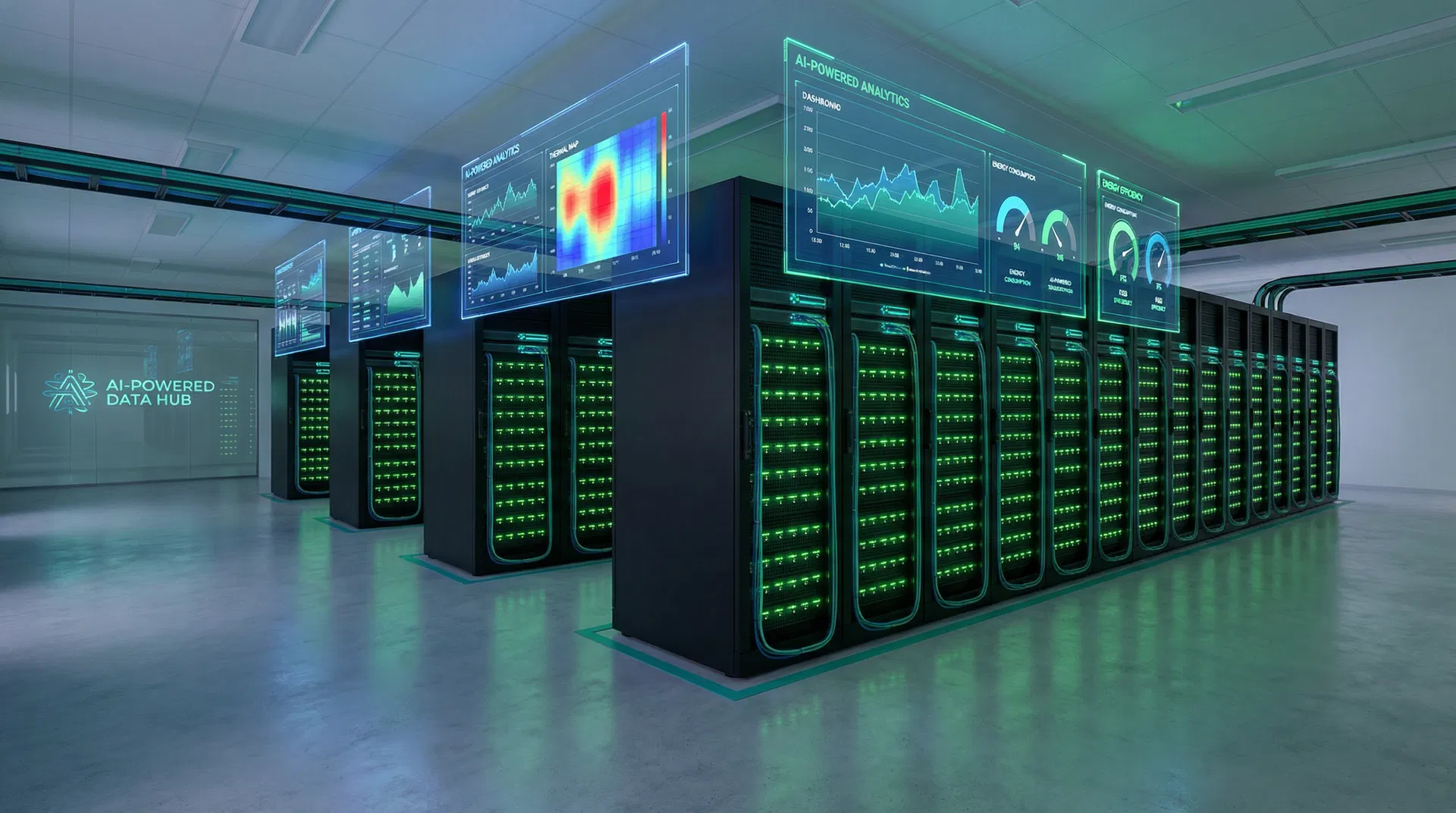 AI-Powered Data Centre with holographic analytics dashboards