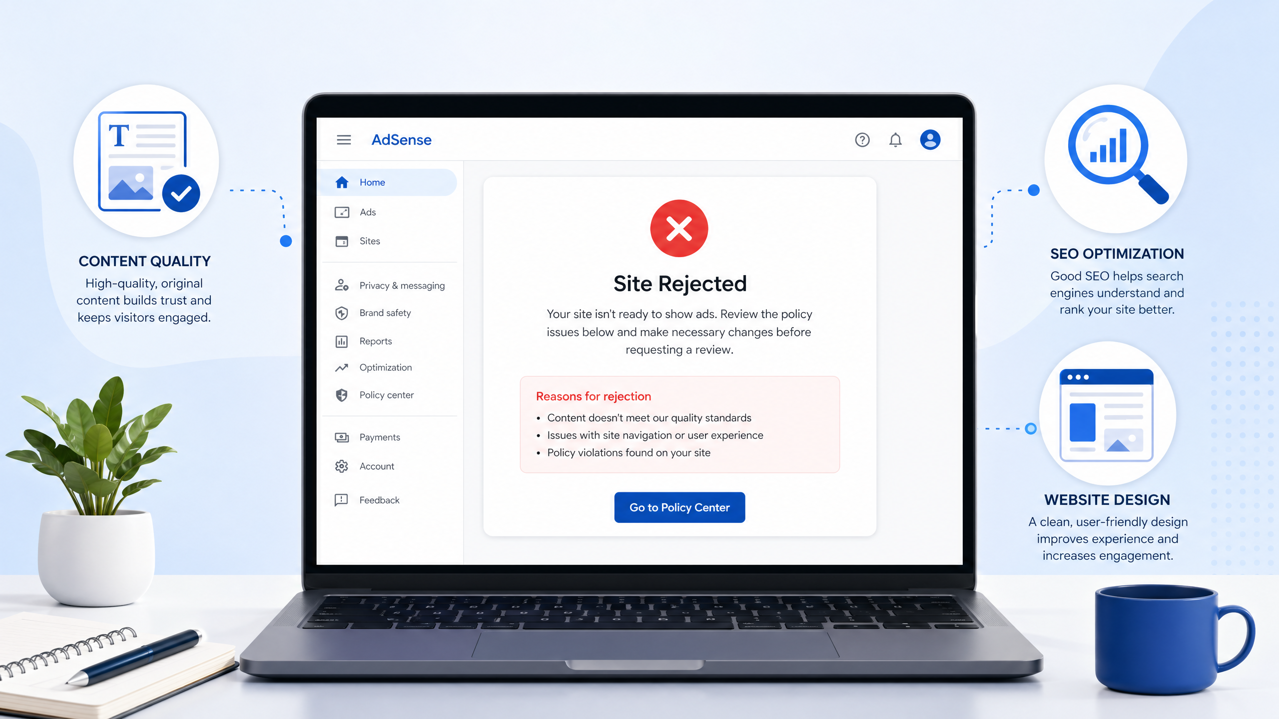Why adsense rejected my site Why AdSense rejected my site - Illustration