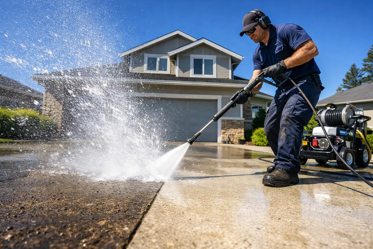 Professional pressure washing in action