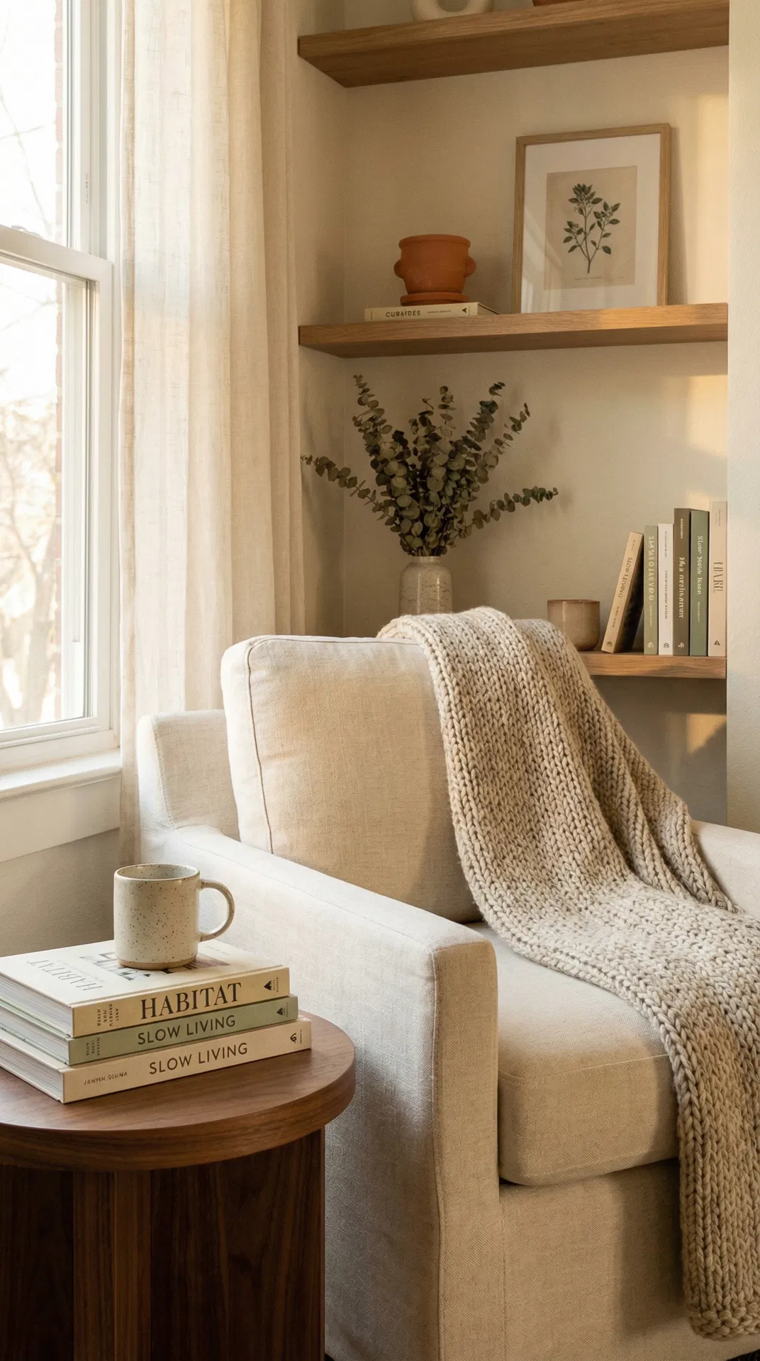 Cozy reading nook with natural linen chair and curated shelving