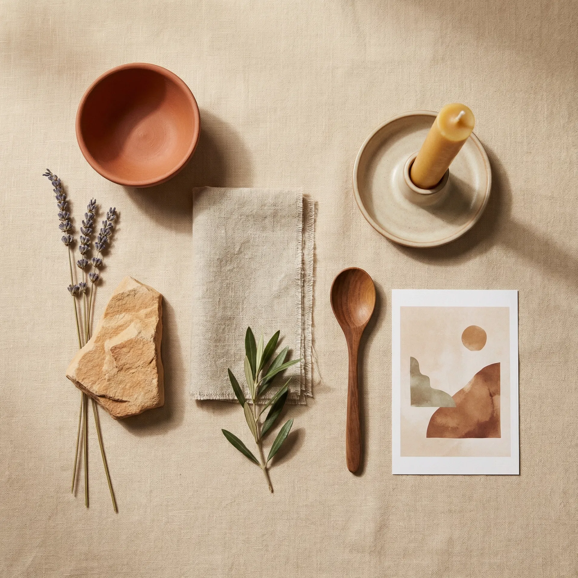 Flat lay of organic modern decor items — terracotta bowl, dried lavender, sandstone, olive branch, and abstract art