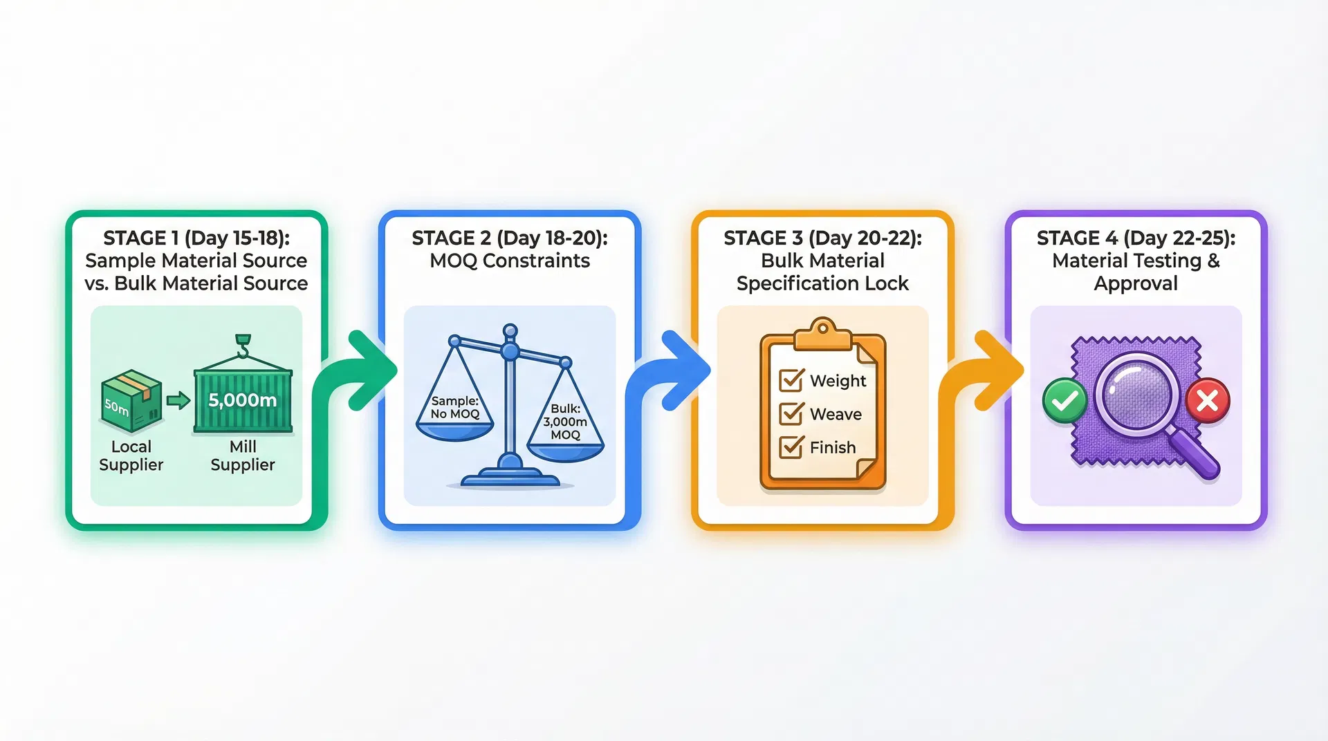 Four-stage bulk material procurement process showing sample material source versus bulk material source, MOQ constraints, bulk material specification lock, and material testing and approval stages