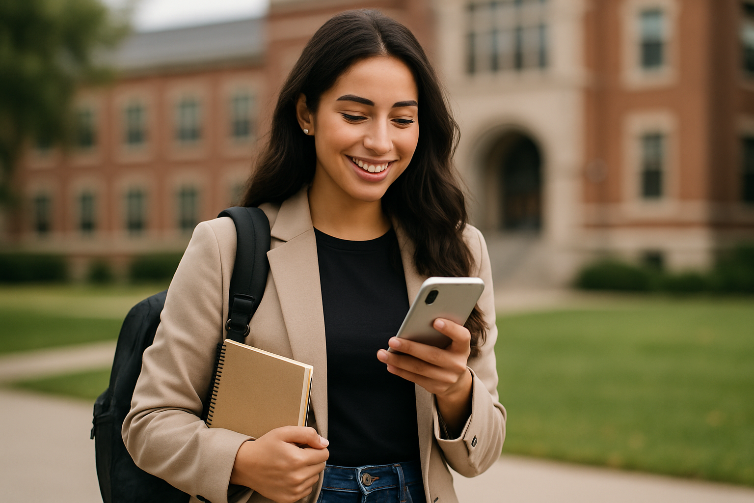 A young woman, dressed in a stylish but casual outfit, smiling confidently while looking at her phone, with a college campus building blurred in the background.