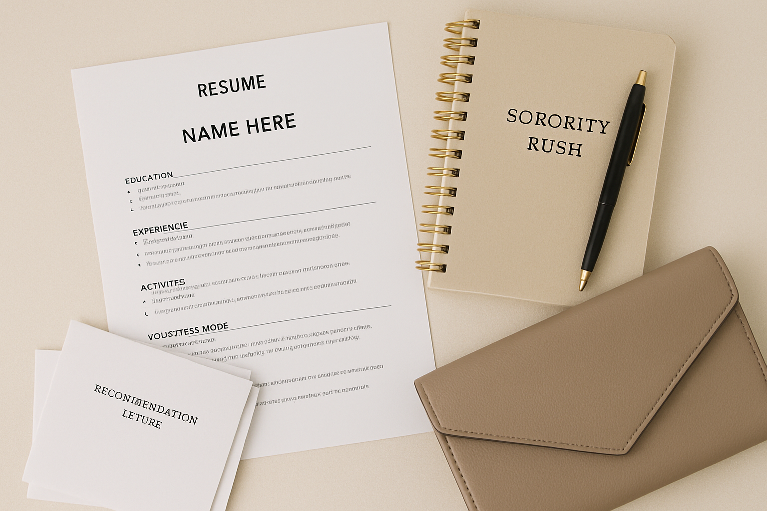A flat lay photograph of items related to sorority rush preparation: a printed resume, a notebook, a pen, a small stack of recommendation letters, and a stylish, neutral-colored clutch bag.