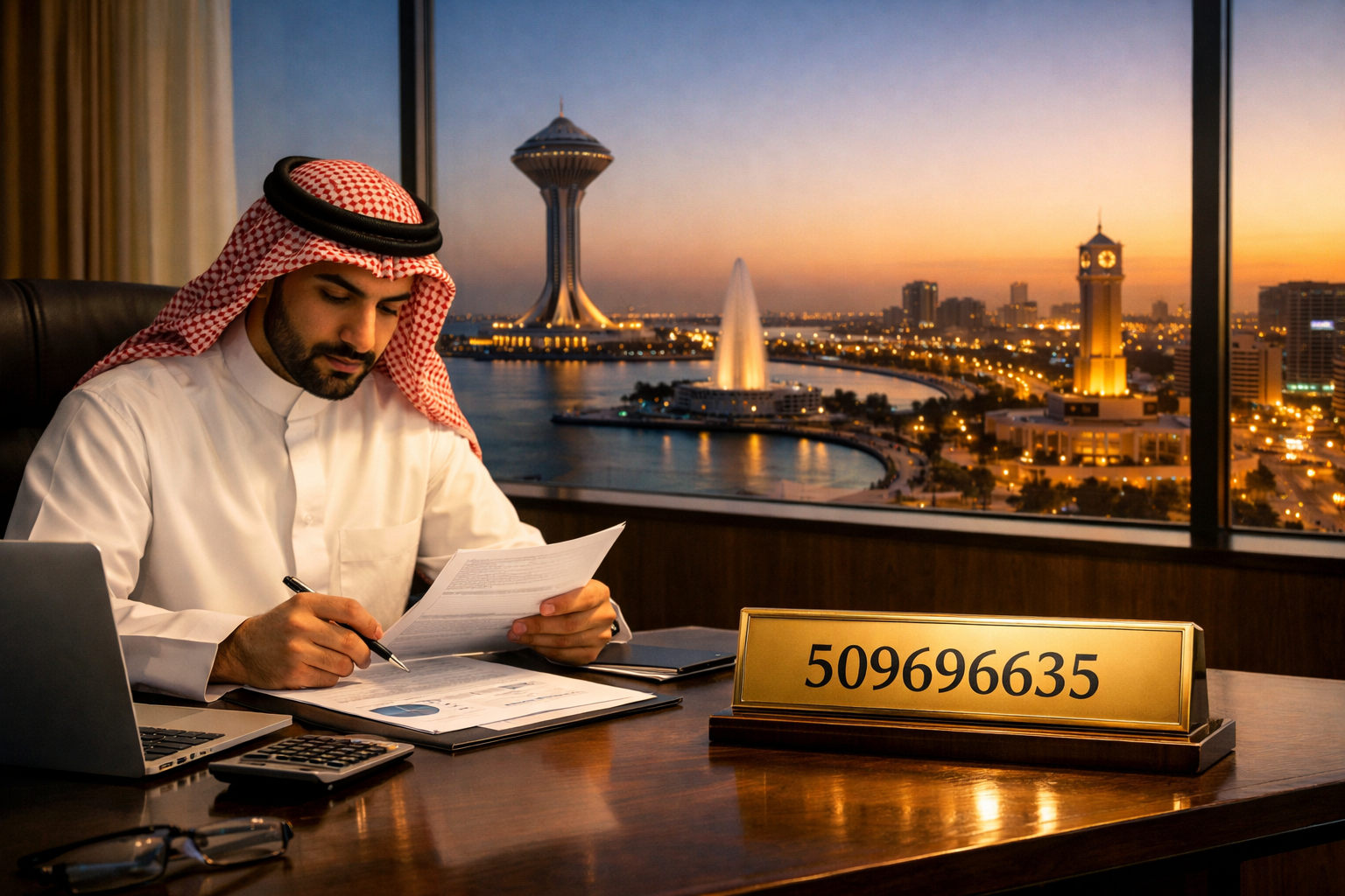 صورة احترافية لرجل أعمال سعودي يراجع وثائق مالية مع إطلالة على أفق الدمام ورقم التواصل 509696635