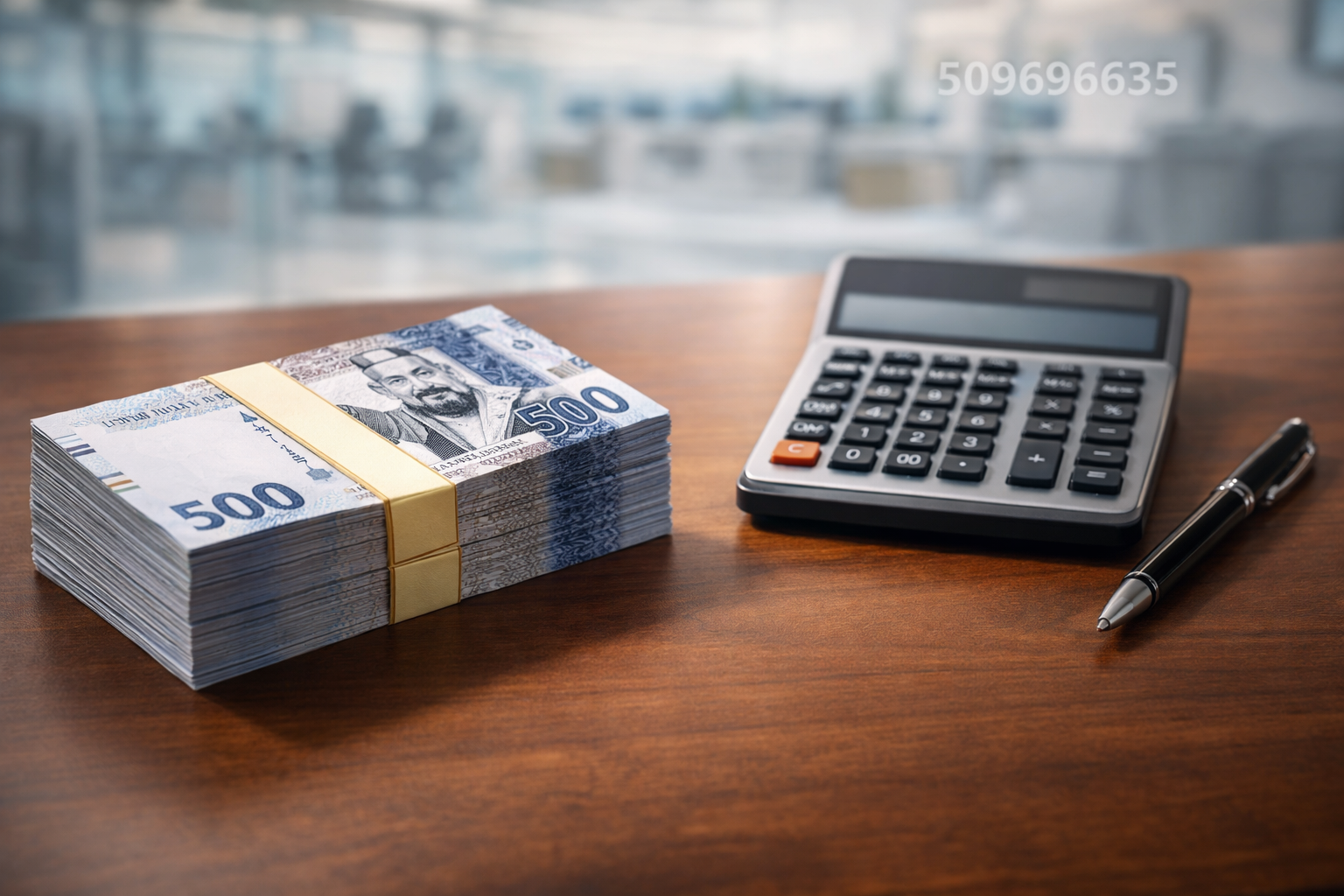 صورة لأوراق نقدية سعودية وآلة حاسبة وقلم على مكتب خشبي مع رقم التواصل 509696635