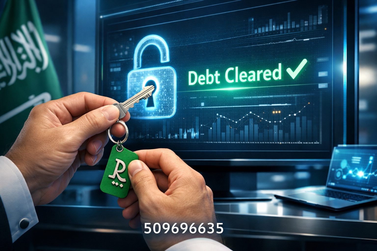 صورة مفتاح يفتح قفلًا رقميًا مكتوب عليه "Debt Cleared" مع رقم التواصل 509696635