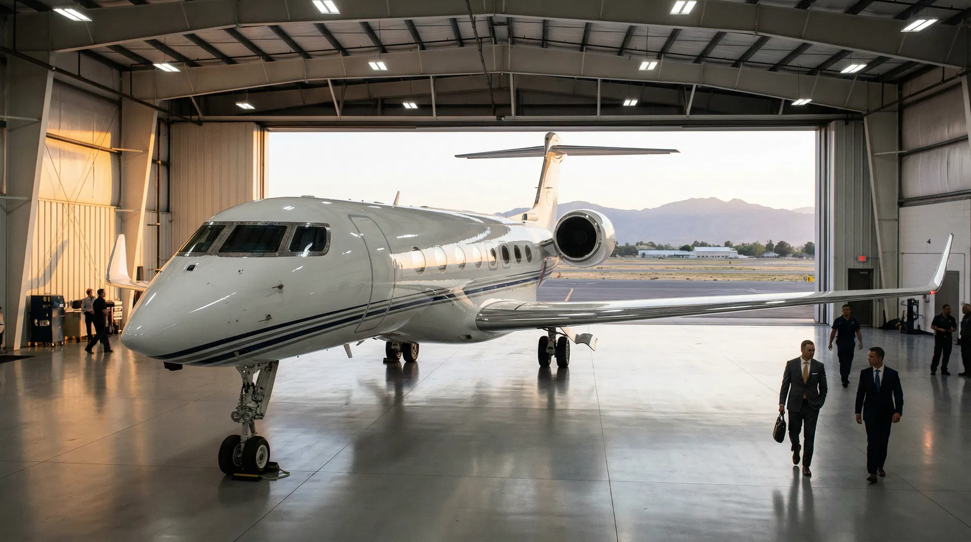 Private jet in a modern aircraft hangar