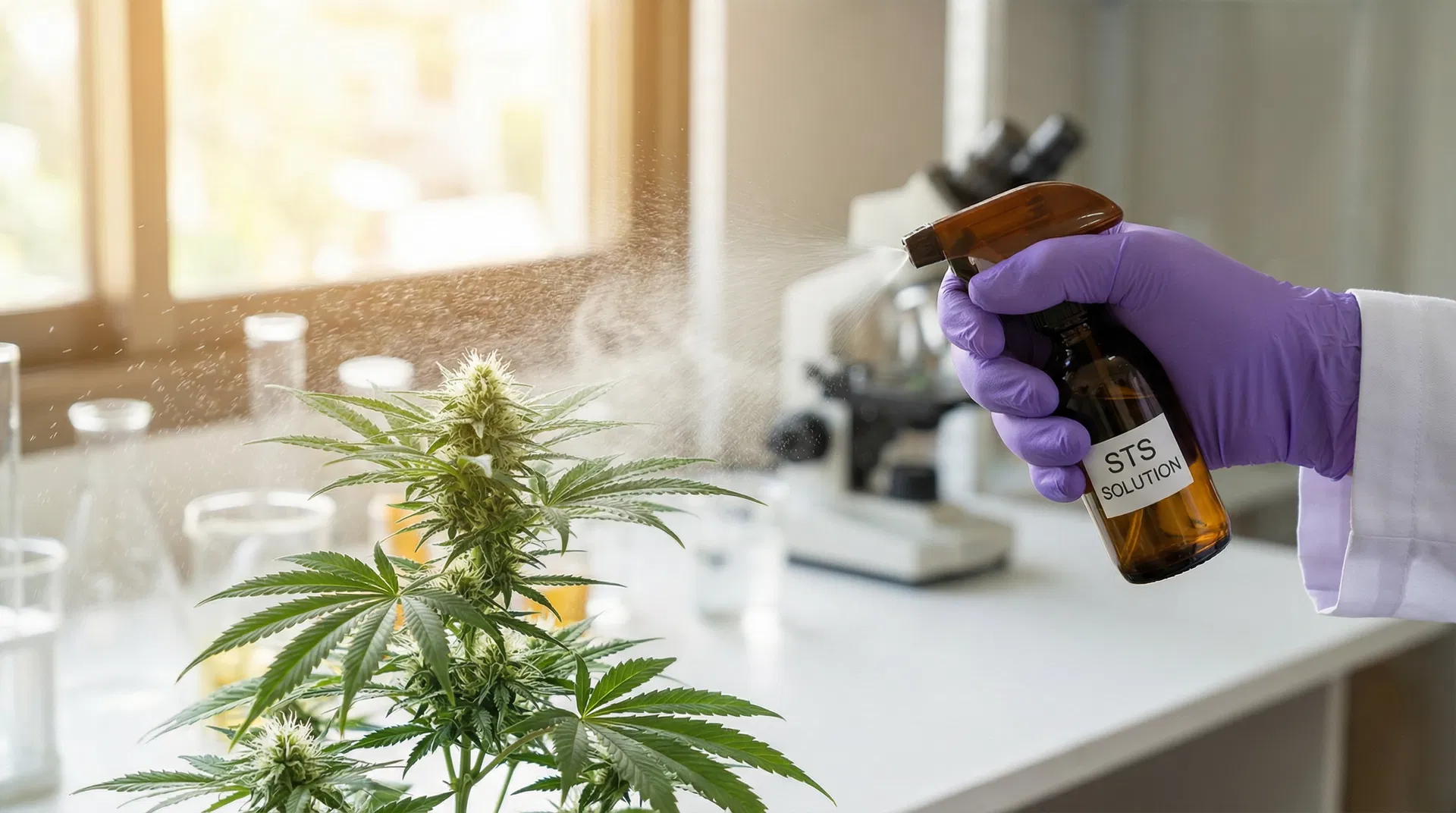 Laboratory technician applying Silver Thiosulfate STS spray to cannabis plant flowers for feminized seed production in professional research facility