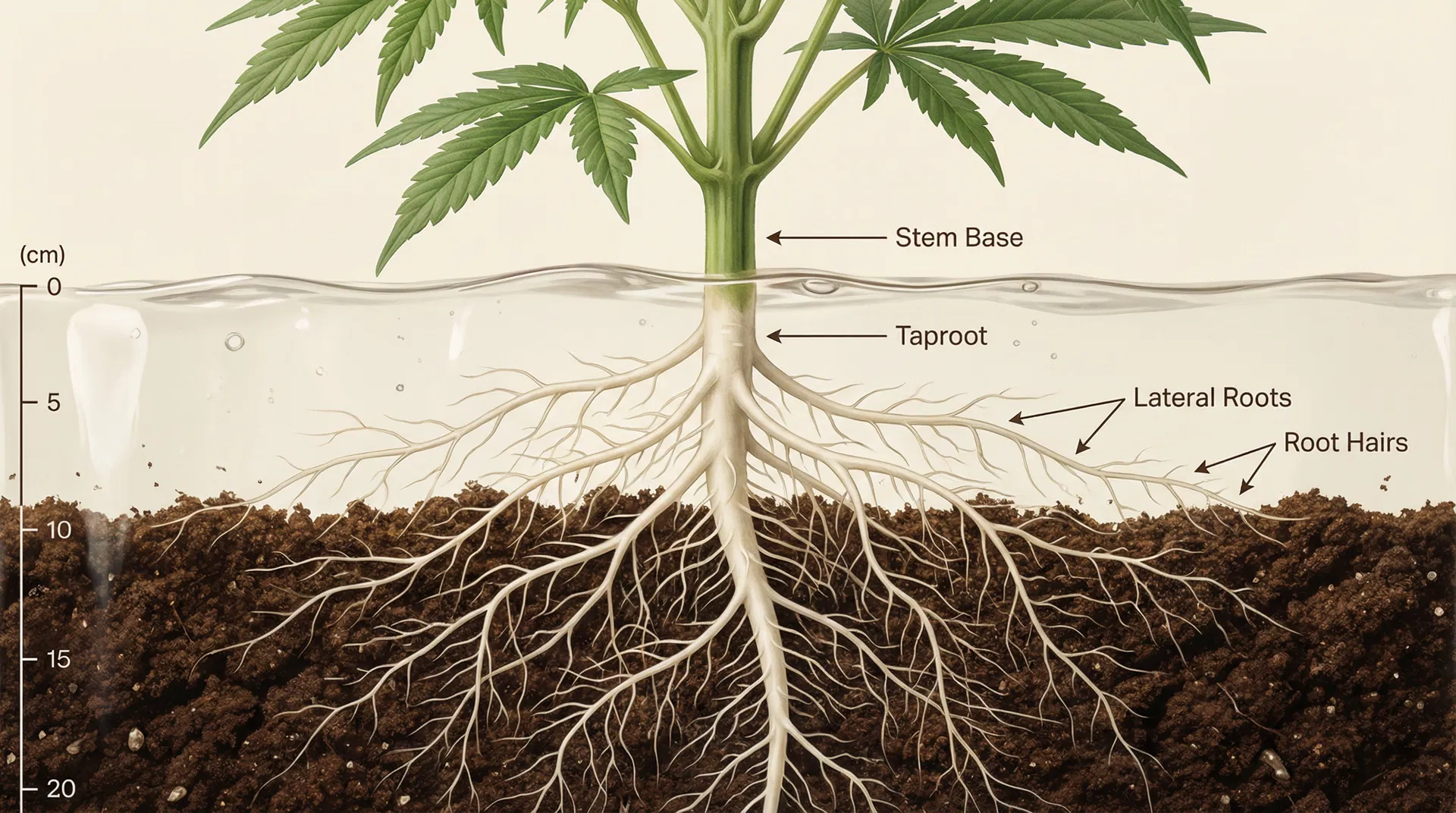 Cross-section diagram of cannabis plant root system showing taproot, lateral roots, and root hairs for optimal nutrient absorption and growth