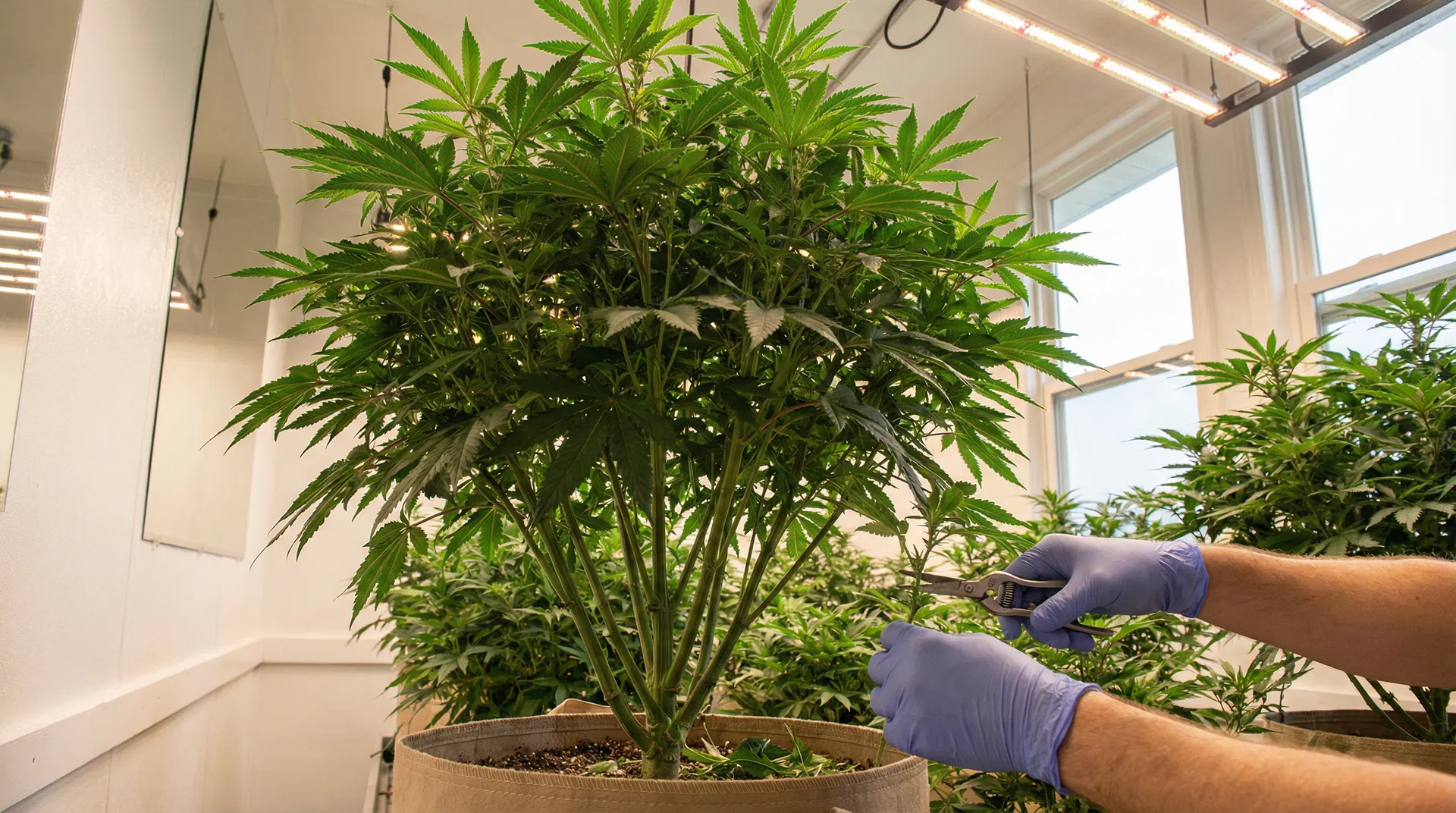Professional cultivator taking clone cutting from healthy cannabis mother plant in vegetative state for genetics preservation