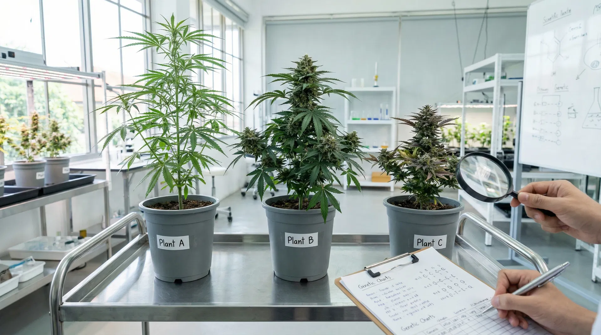 Cannabis breeding phenotype selection comparing three distinct plant varieties for genetic traits and characteristics