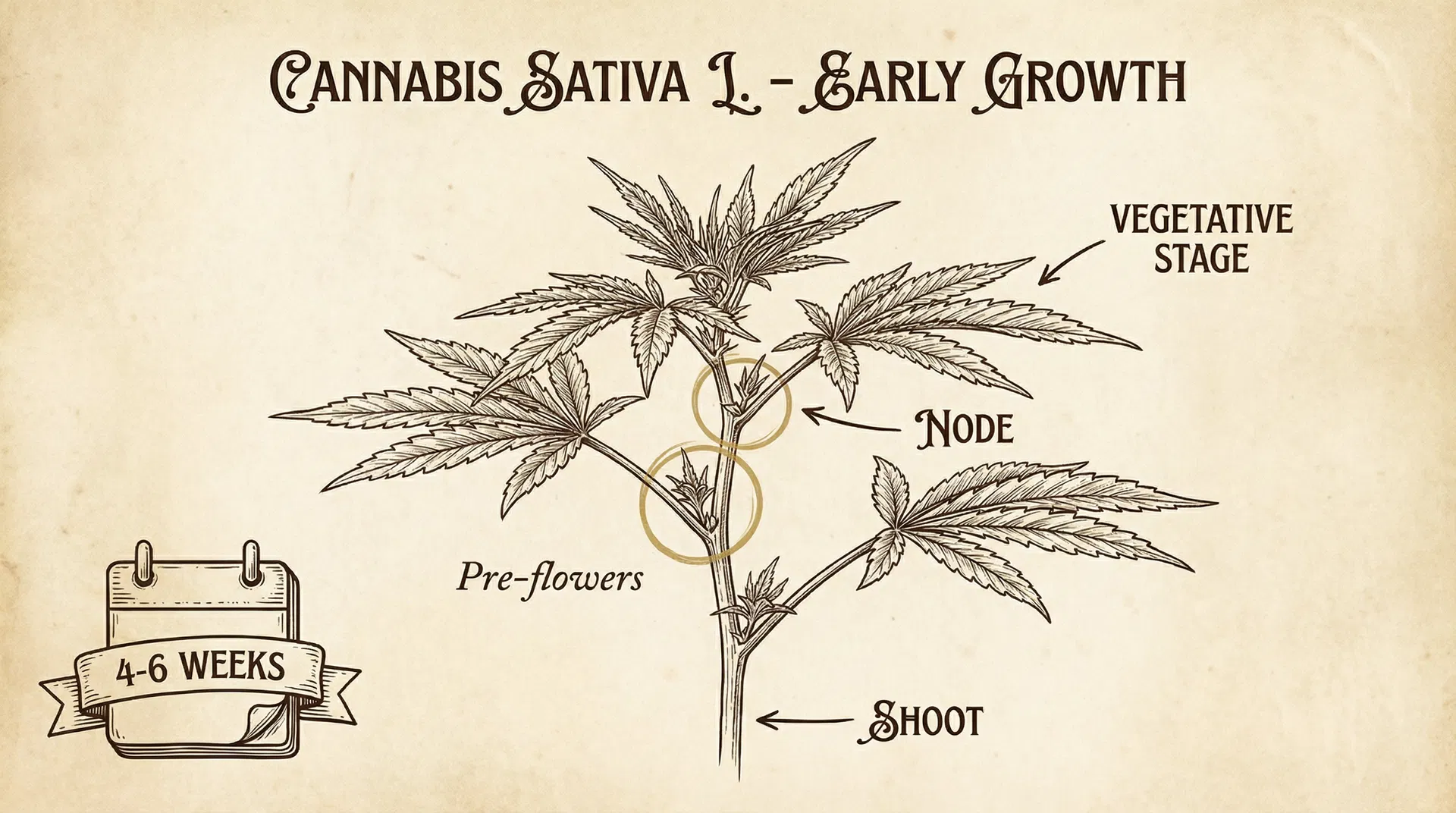 Cannabis plant in early vegetative growth showing pre-flowers