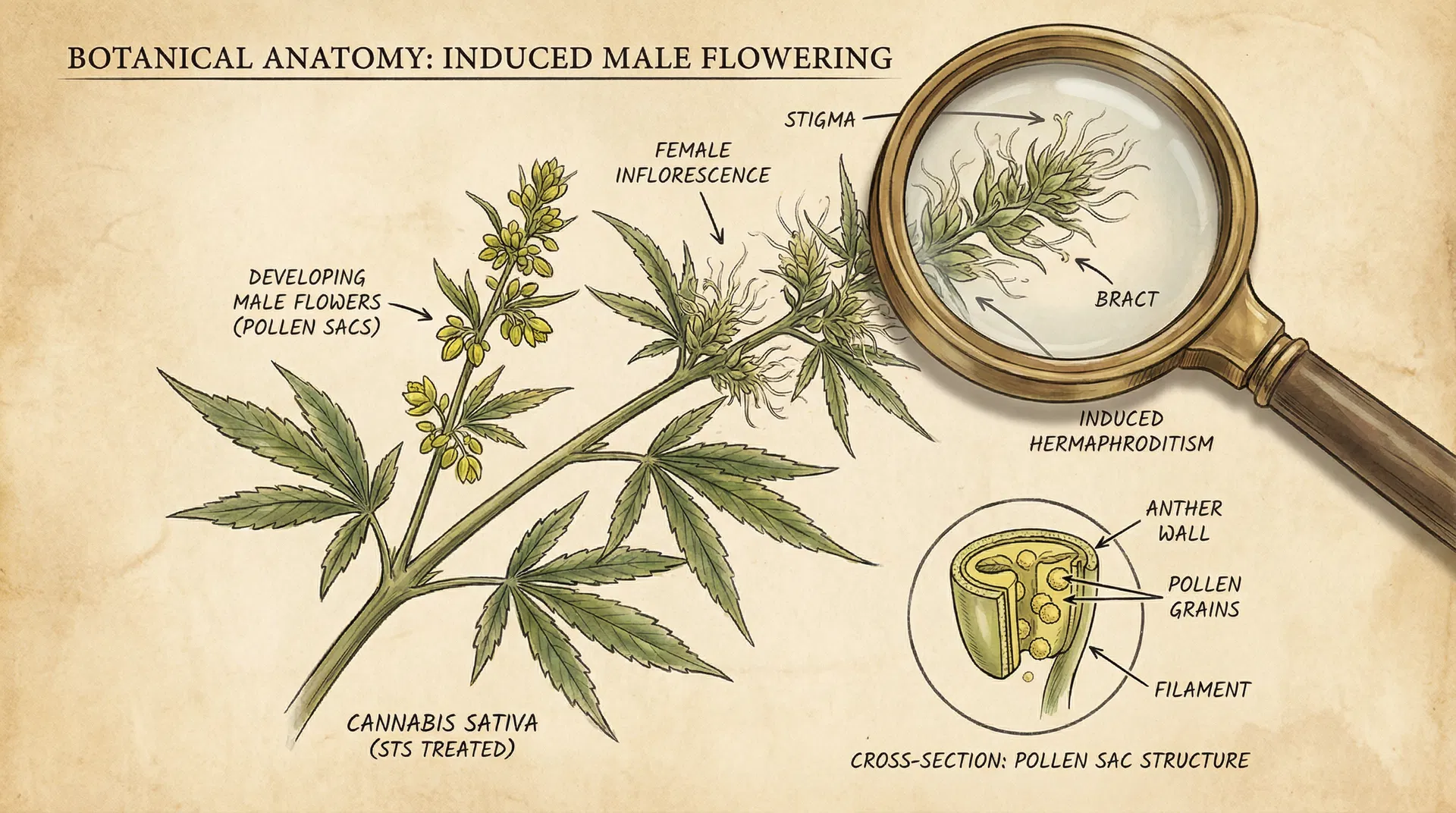 Male flowers developing on treated cannabis plant