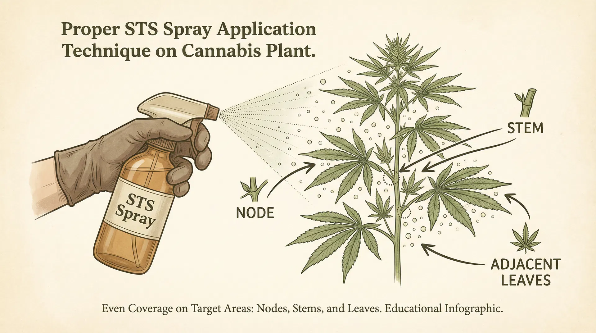 Proper STS spray application technique showing targeted coverage on cannabis plant nodes, stems, and leaves