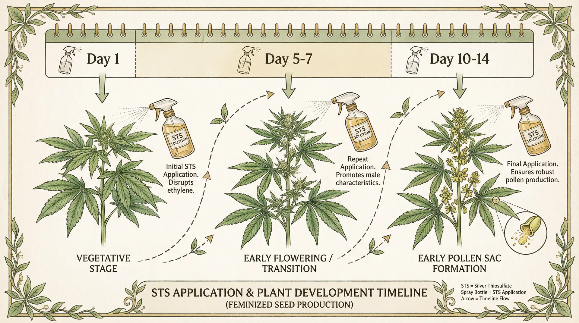STS application timeline showing Day 1, Day 5-7, and Day 10-14 with progressive plant development and pollen sac formation