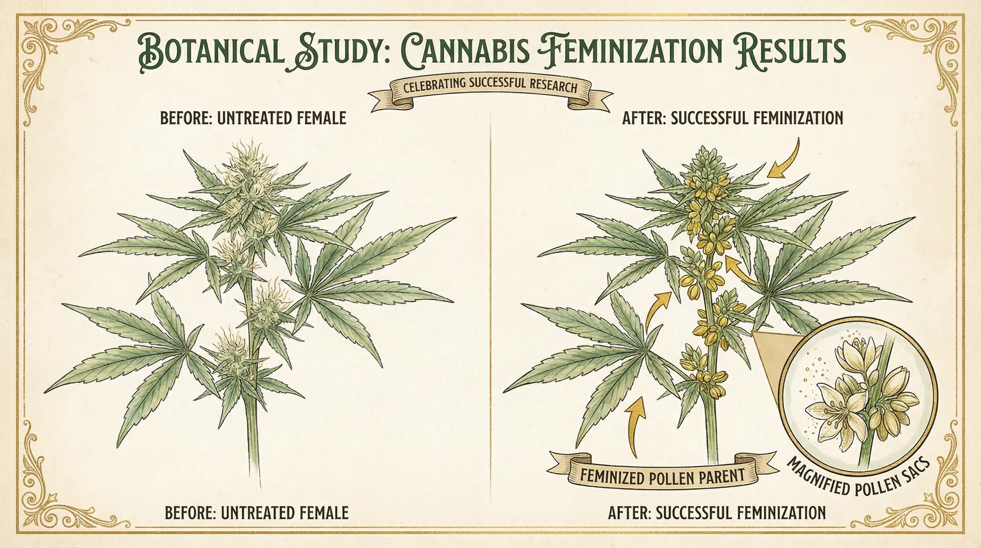 Before and after comparison showing successful cannabis feminization with fully developed pollen sacs