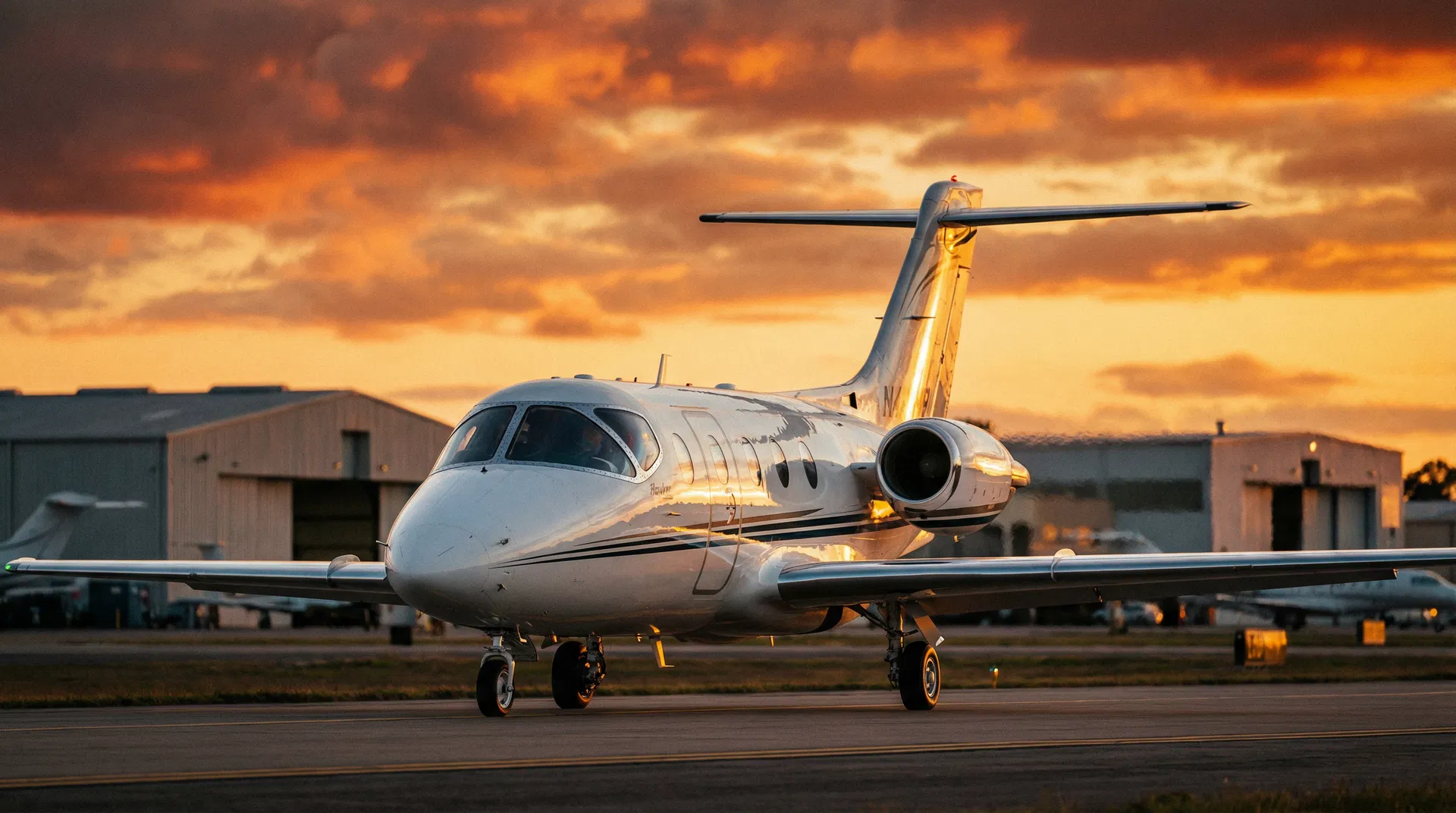 Hawker 400XP na pista ao pôr do sol