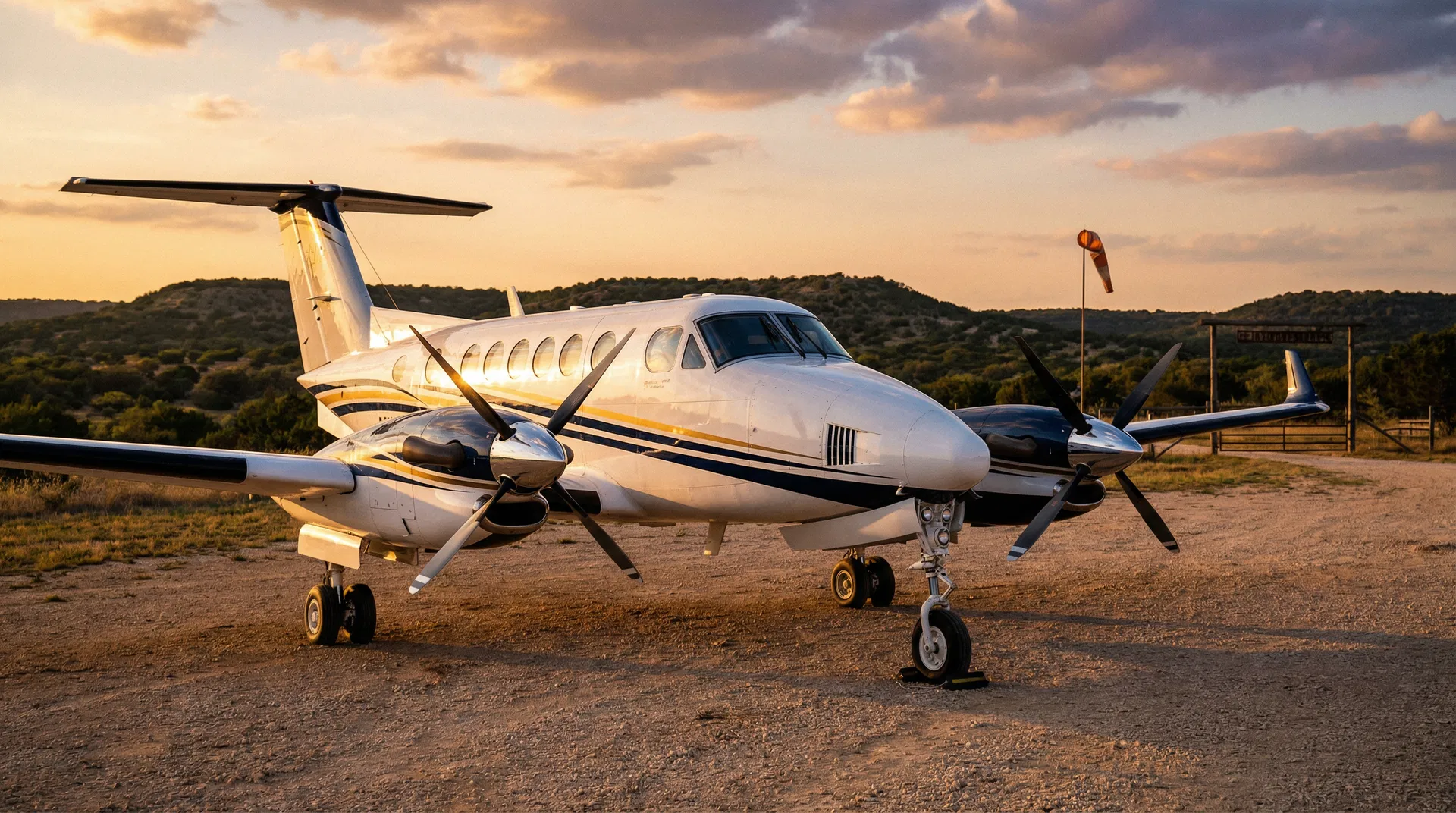 Beechcraft King Air em pista privada ao entardecer