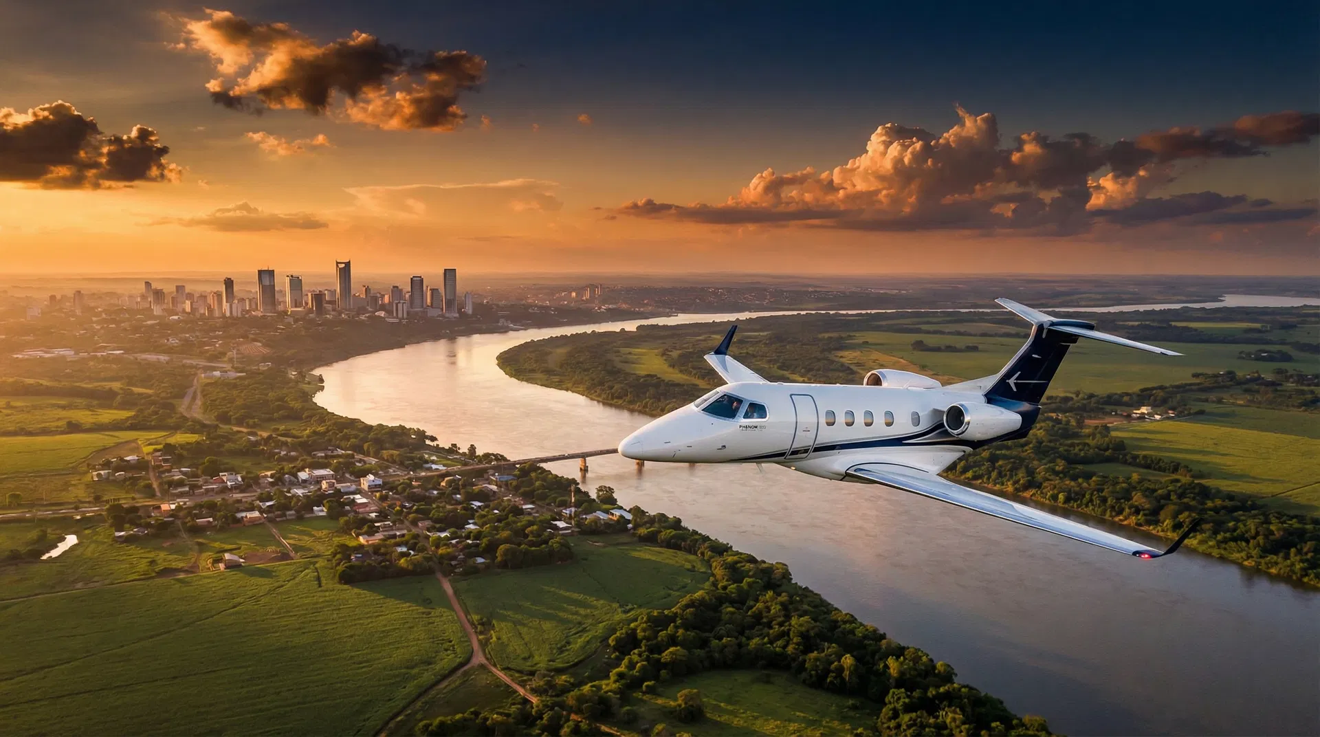 Jato executivo sobrevoando a fronteira Paraguai-Brasil ao pôr do sol