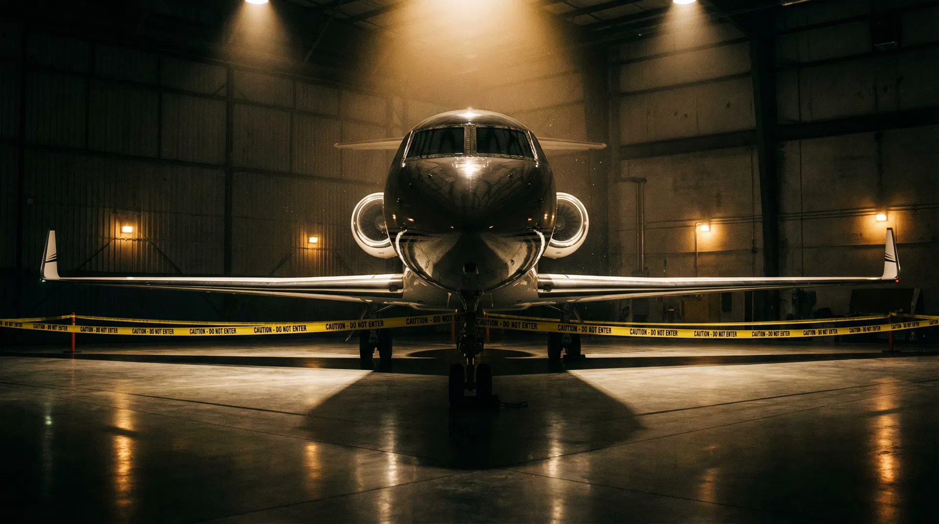 Jato executivo apreendido em hangar escuro com fita de isolamento