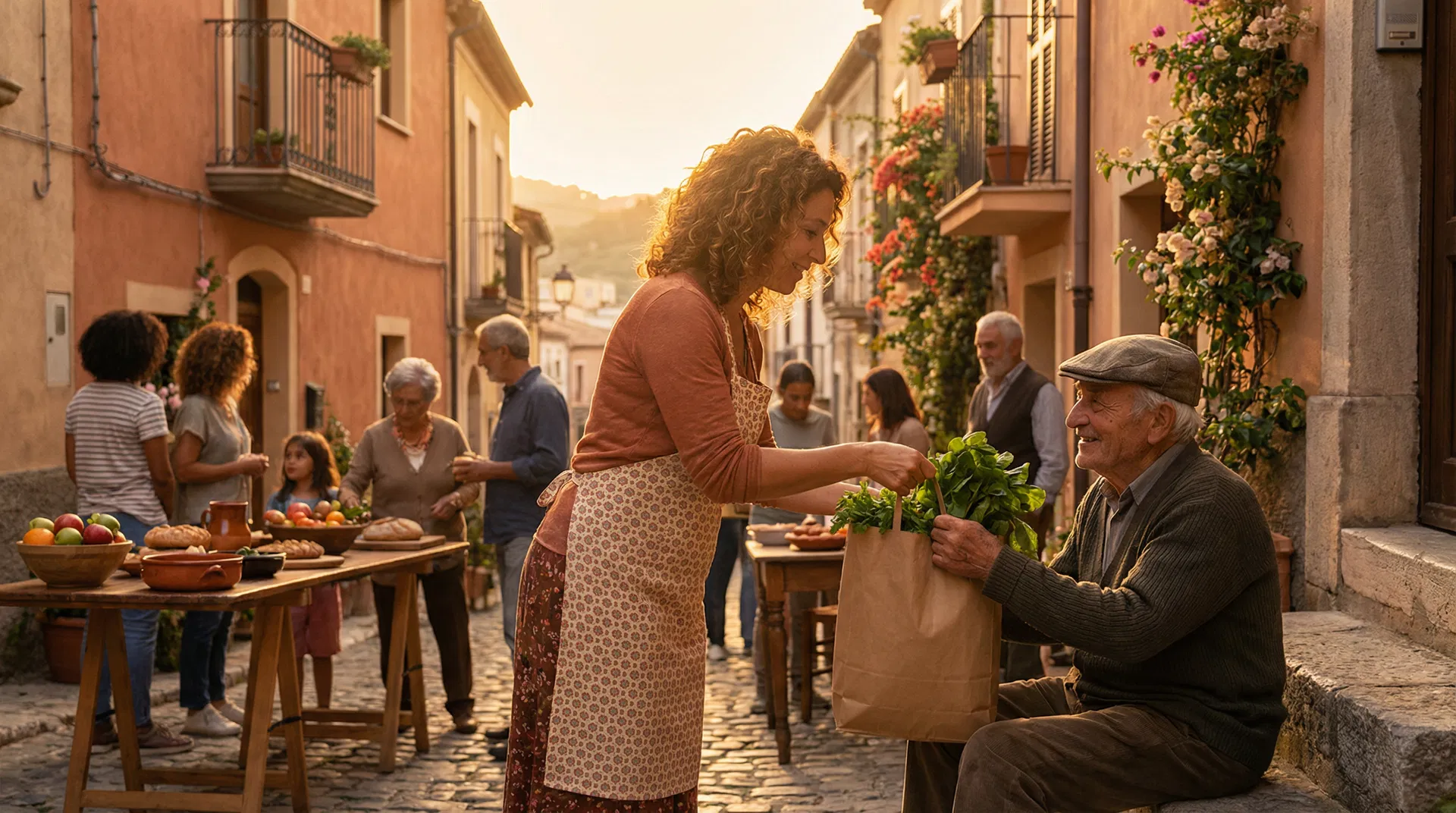 Vecinos compartiendo alimentos en un barrio