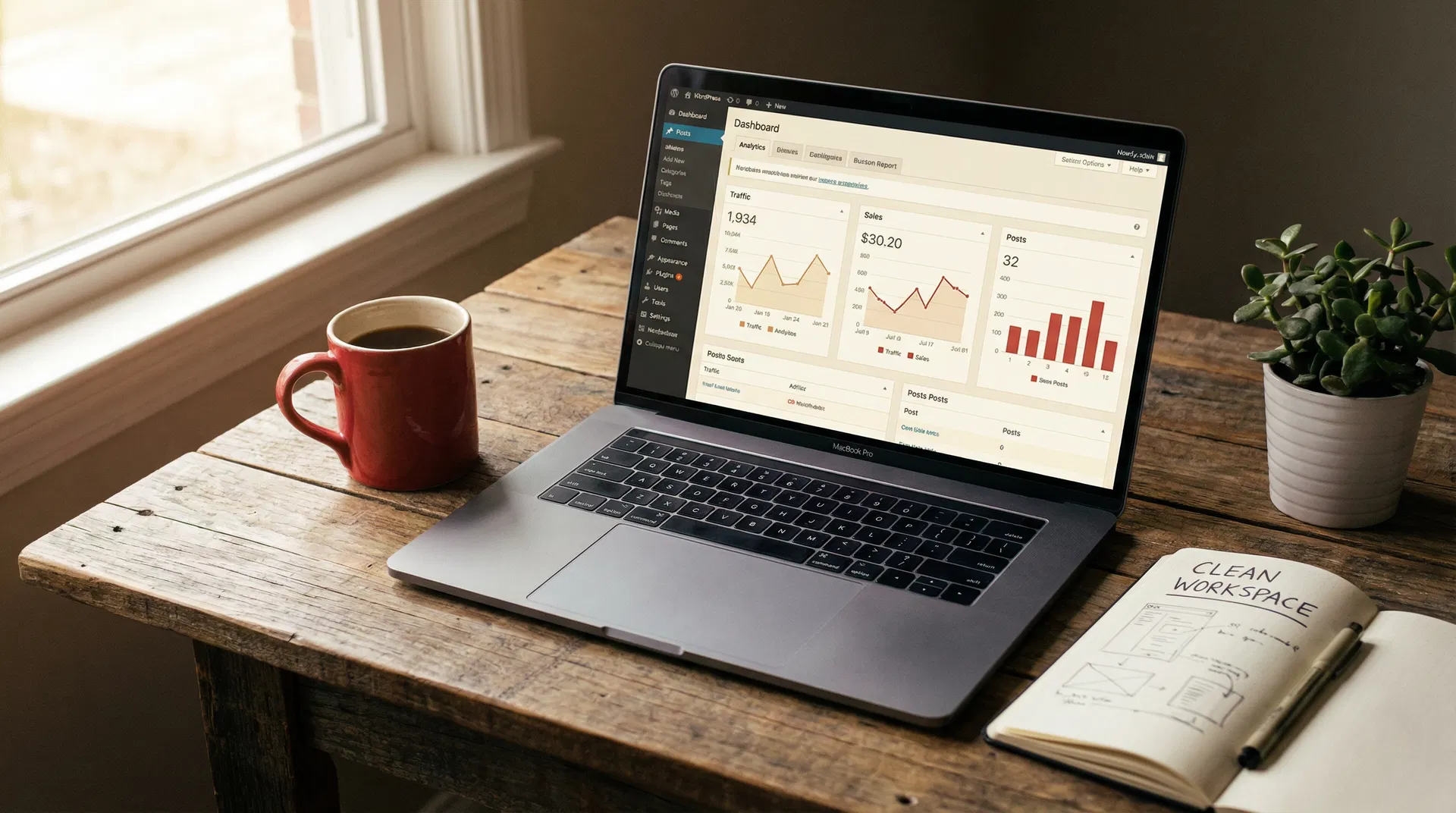 WordPress dashboard on a warm desk