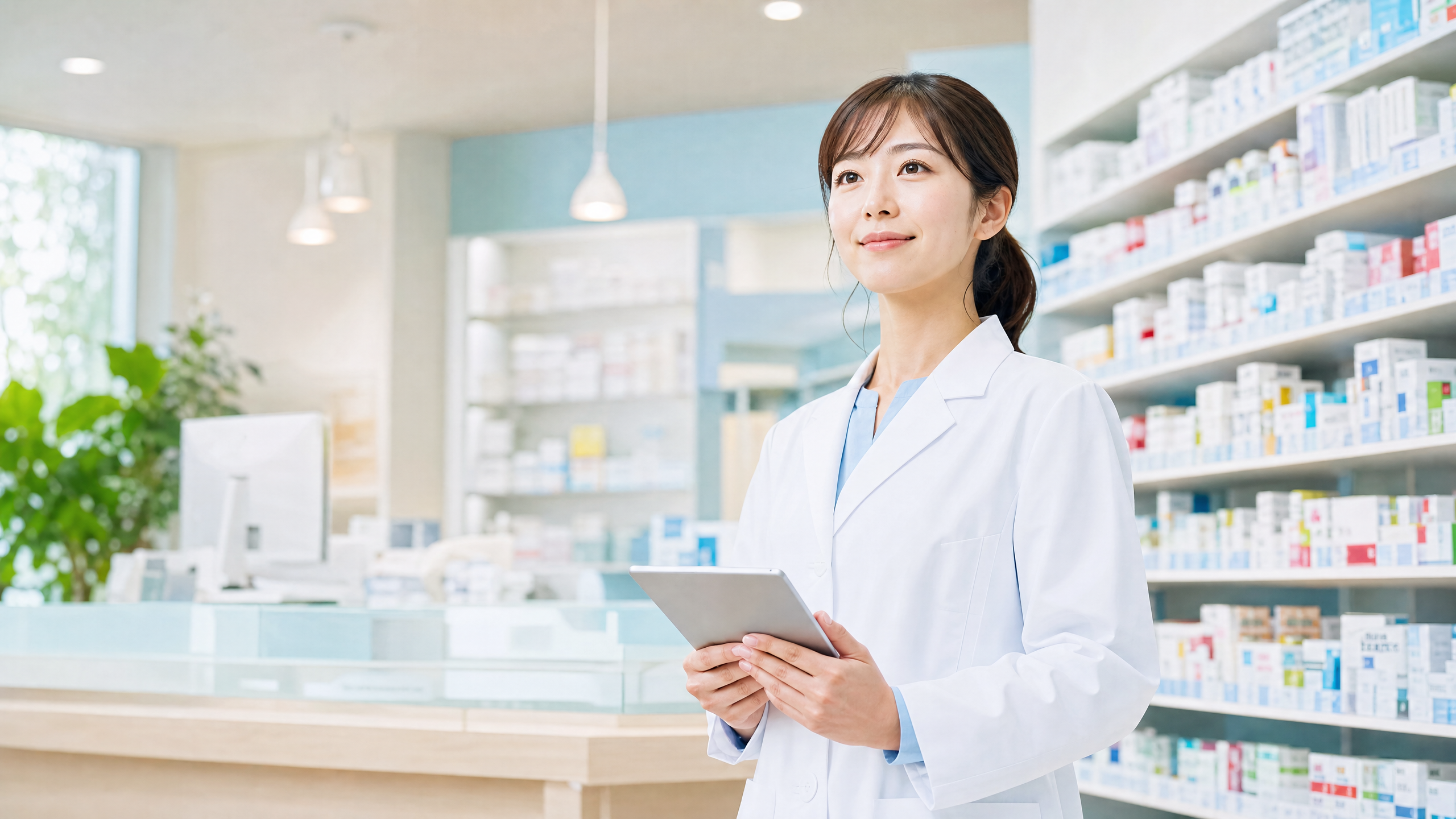薬局でタブレットを持ち前向きに立つ薬剤師