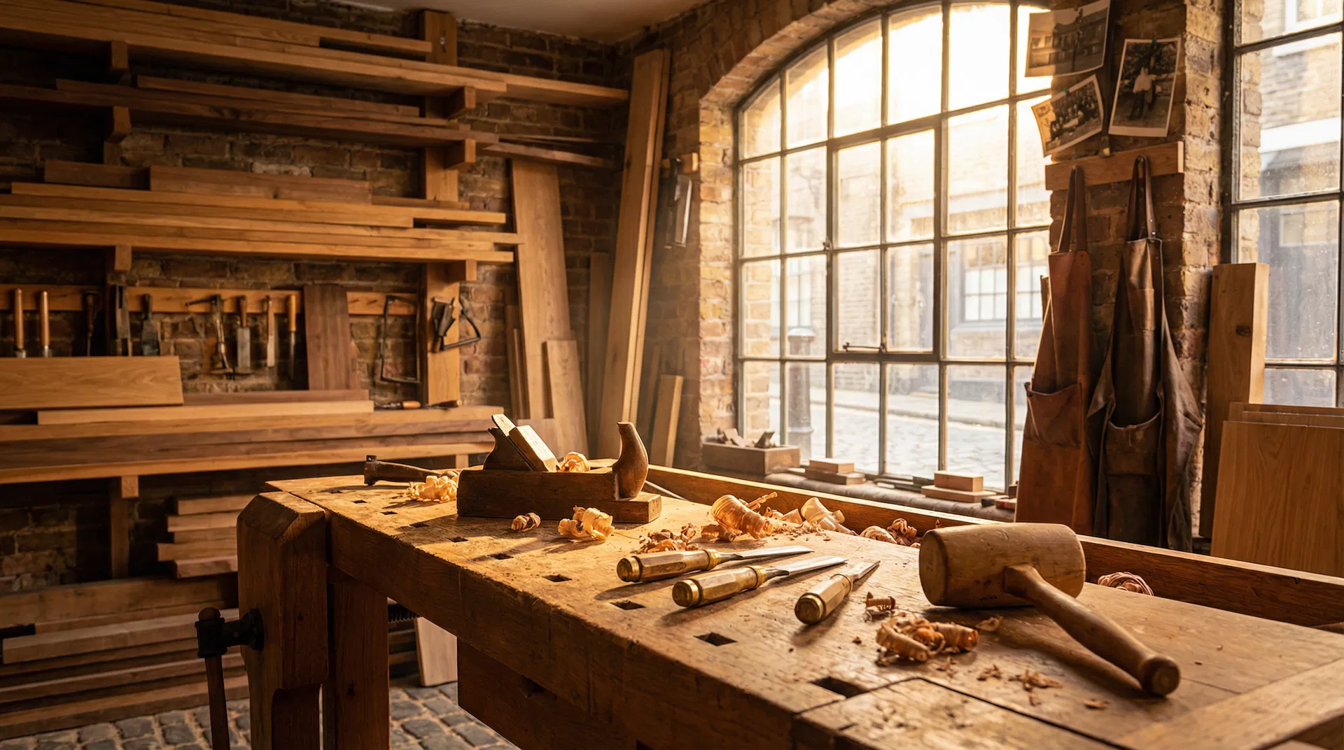 Professional carpentry workshop in London with traditional hand tools and oak workbench