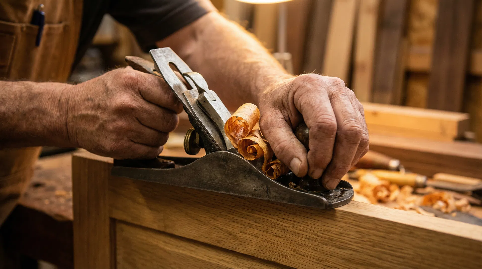 Skilled carpenter hand-planing oak furniture in London workshop