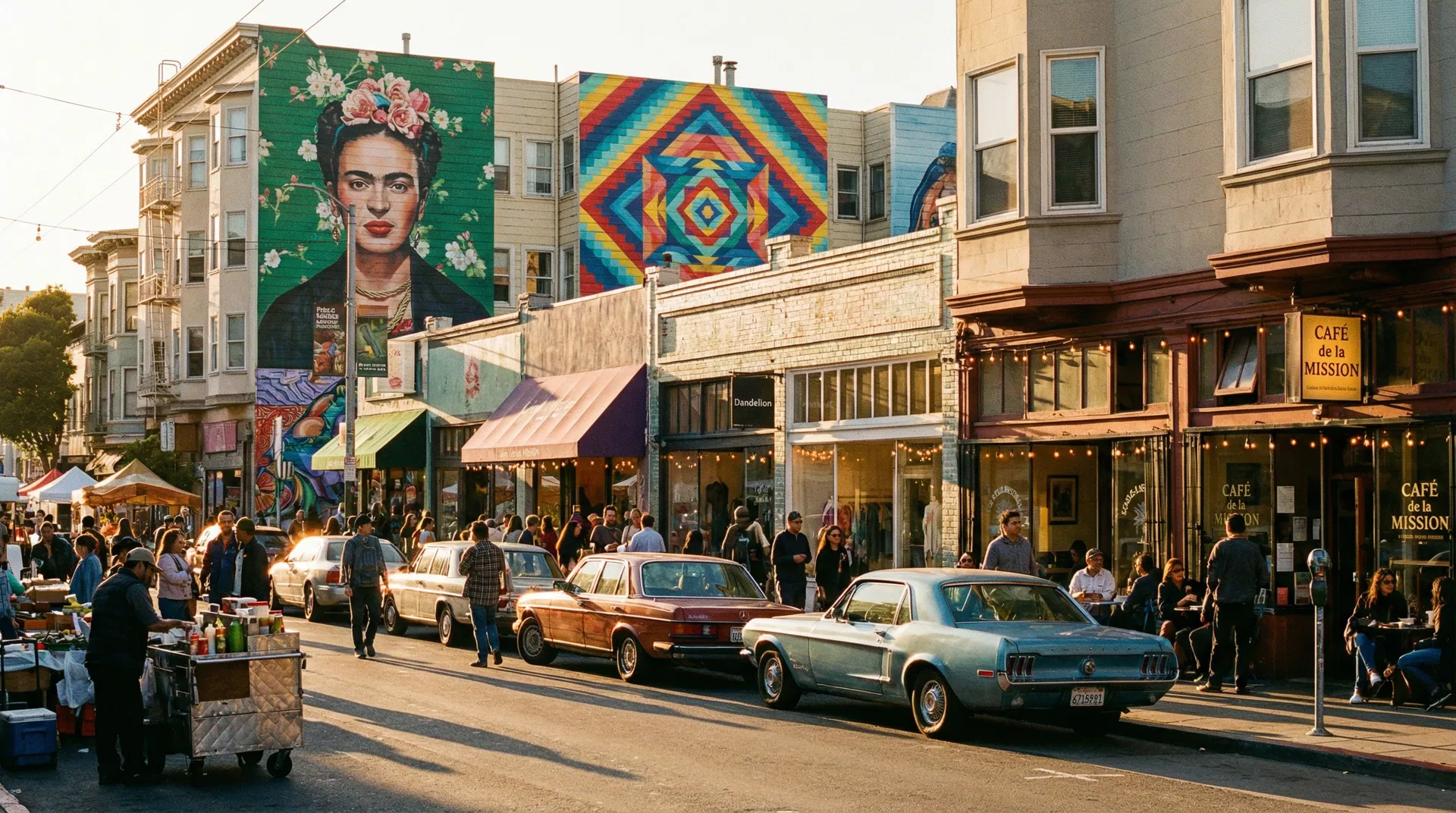 Mission District street scene with vintage cars and colorful buildings