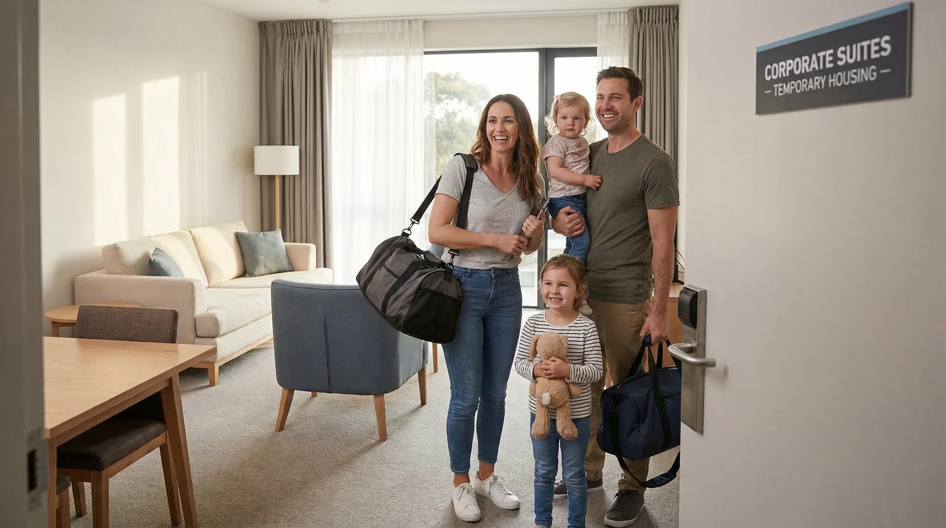 Family arriving at temporary housing